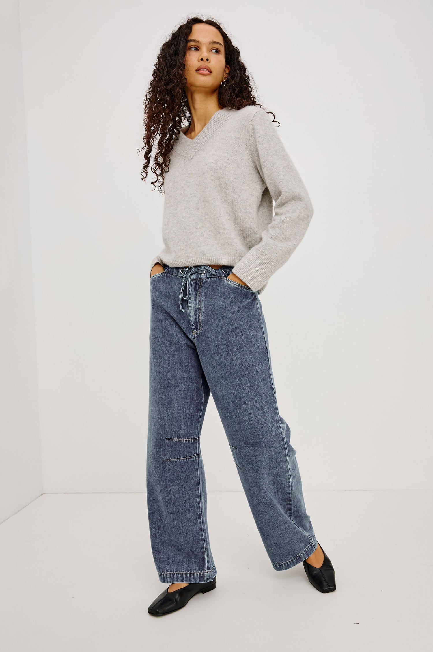 Barry Pant in Cotton Lyocell Denim With Wide Legs That Taper at Hem, Front Zip, Grommet Drawstring Waistband, and Side Slant Pockets in Blue Lagoon Colorway - Full Body Front View Featured on Model