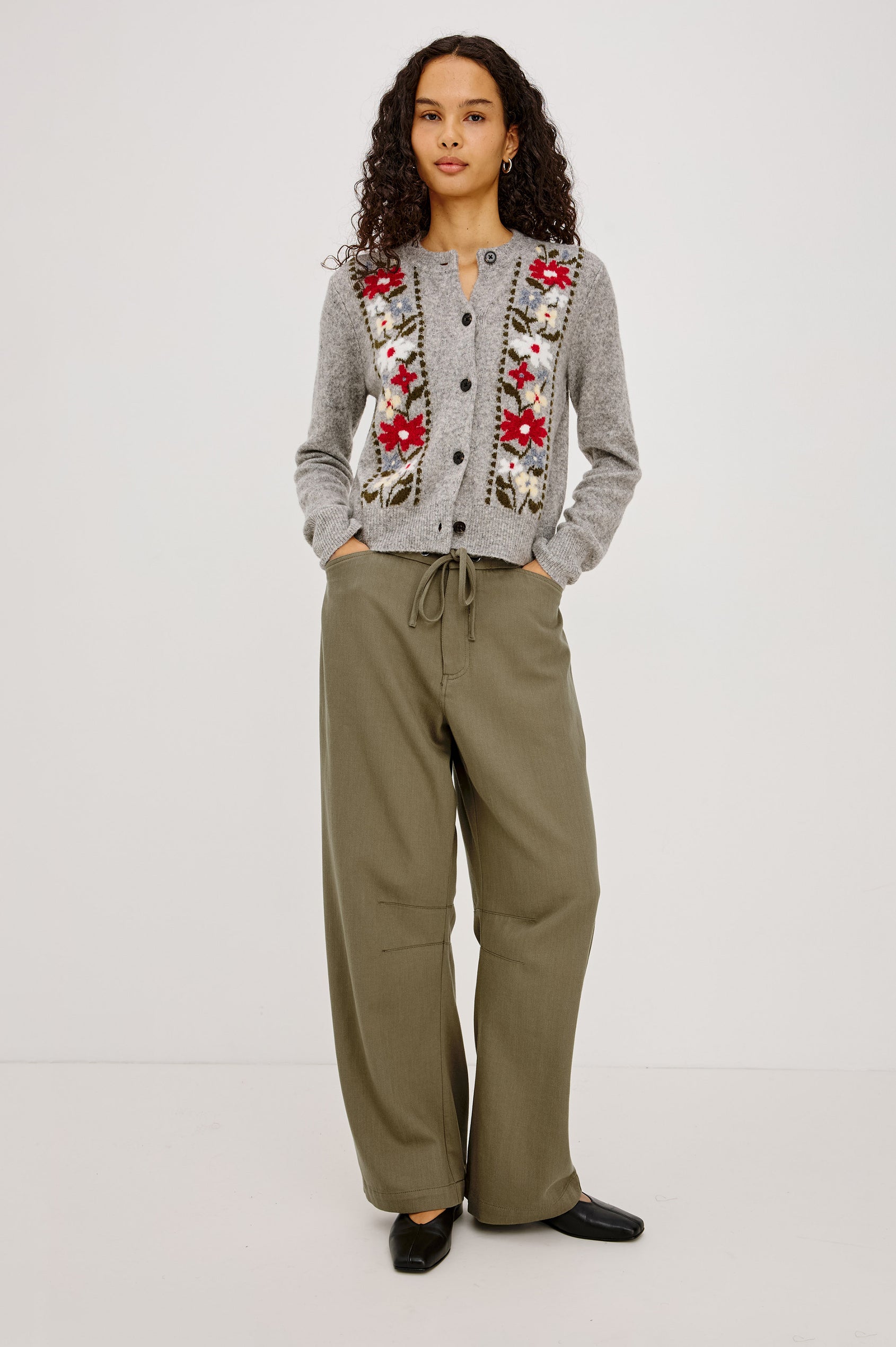 Barry Pant in Cotton Lyocell Denim With Wide Legs That Taper at Hem, Front Zip, Grommet Drawstring Waistband, and Side Slant Pockets in Olive Colorway - Full Body Front View Featured on Model