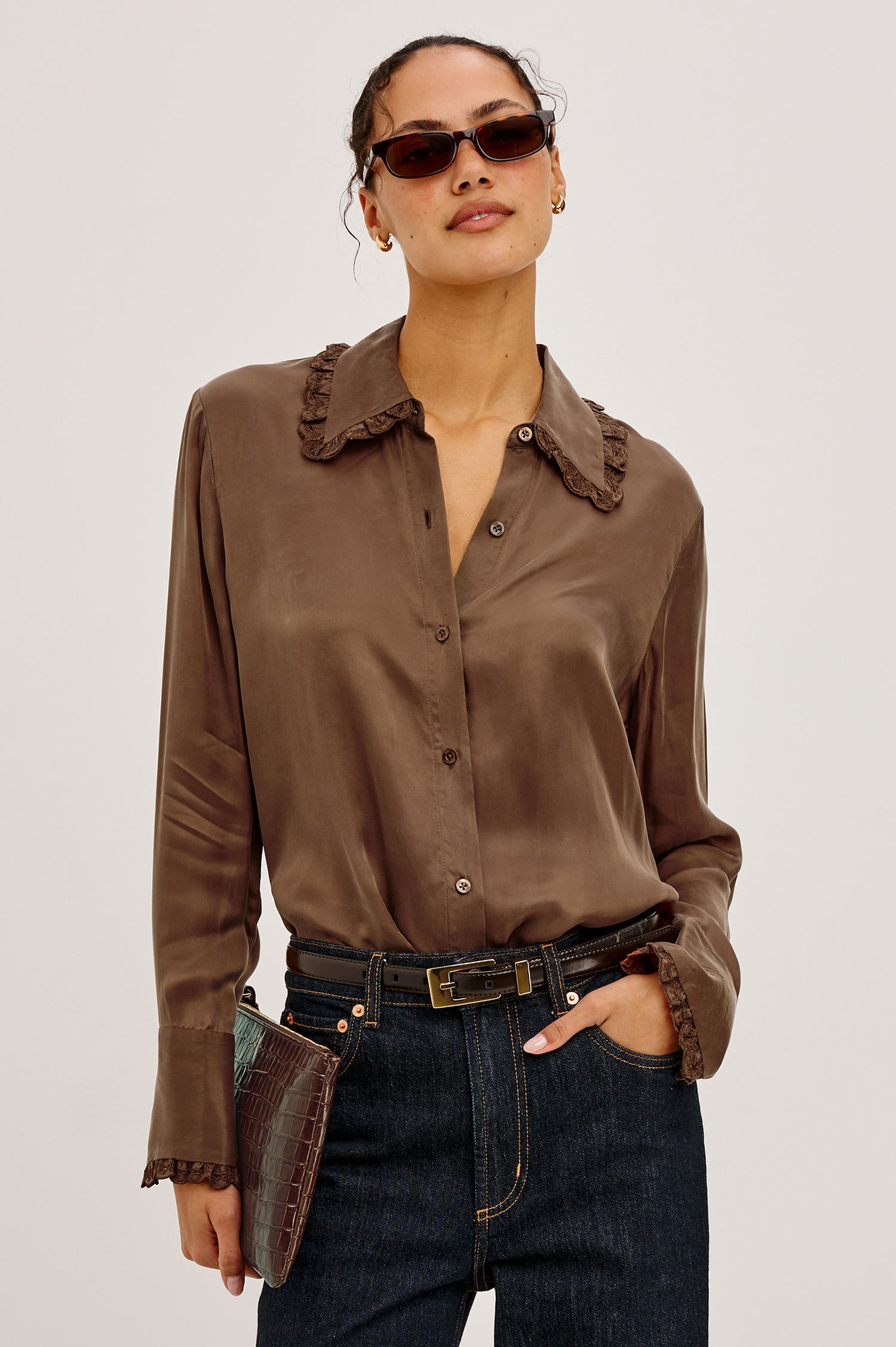 Beatrix Shirt in Smooth Cupro With Point Collar, Eyelet Ruffle Trim, Relaxed Fit, and Long Sleeves in Ivory Colorway - Upper Body Front View Featured on Model
