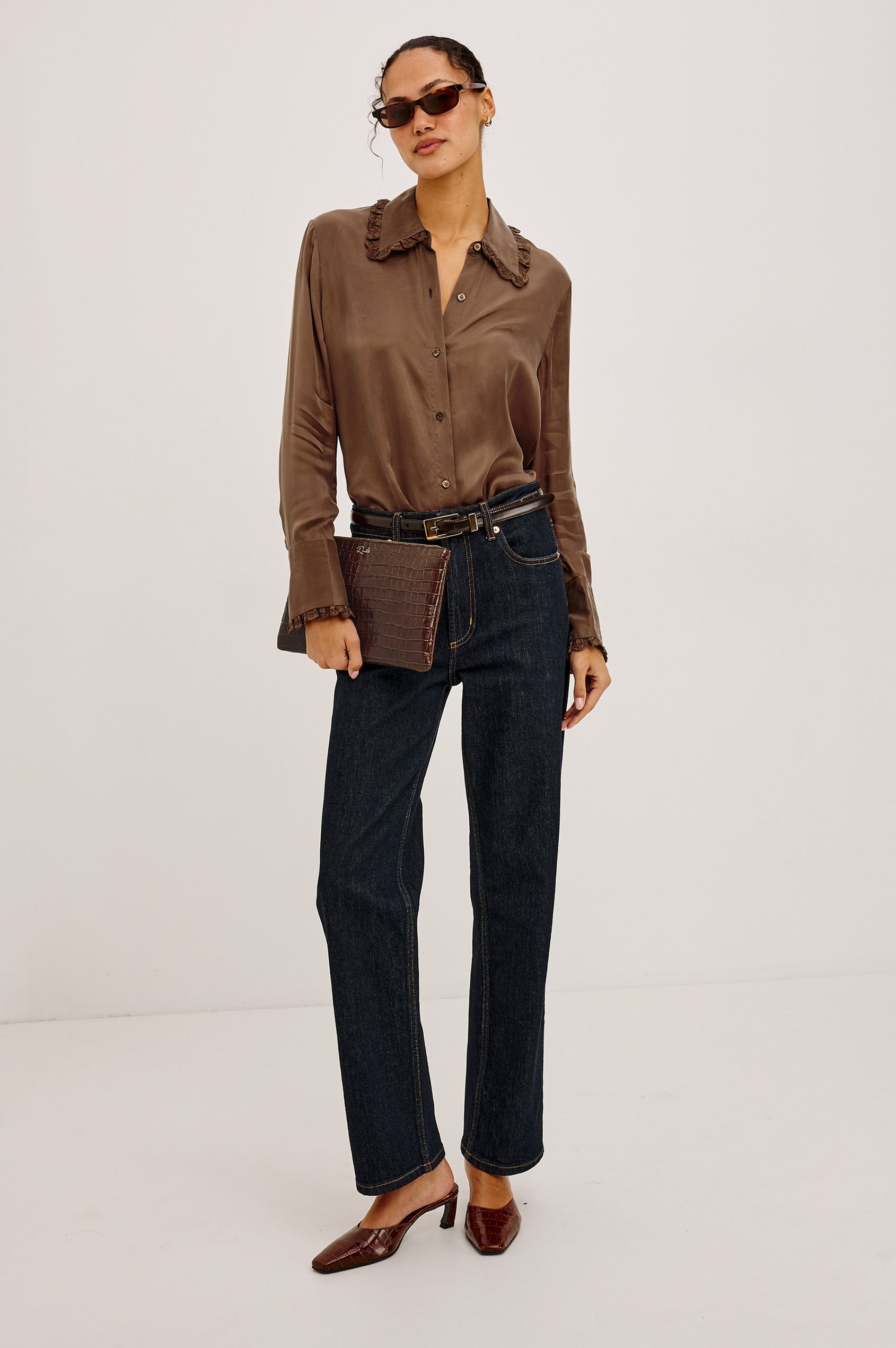 Beatrix Shirt in Smooth Cupro With Point Collar, Eyelet Ruffle Trim, Relaxed Fit, and Long Sleeves in Ivory Colorway - Full Body Front View Featured on Model