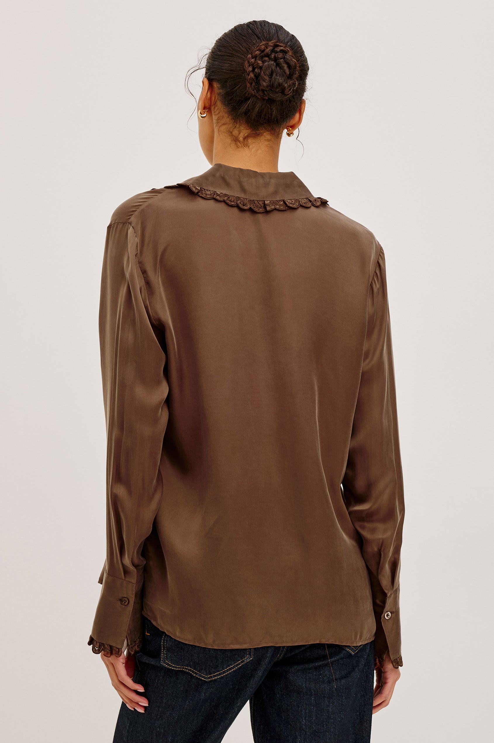 Beatrix Shirt in Smooth Cupro With Point Collar, Eyelet Ruffle Trim, Relaxed Fit, and Long Sleeves in Ivory Colorway - Upper Body Back View Featured on Model