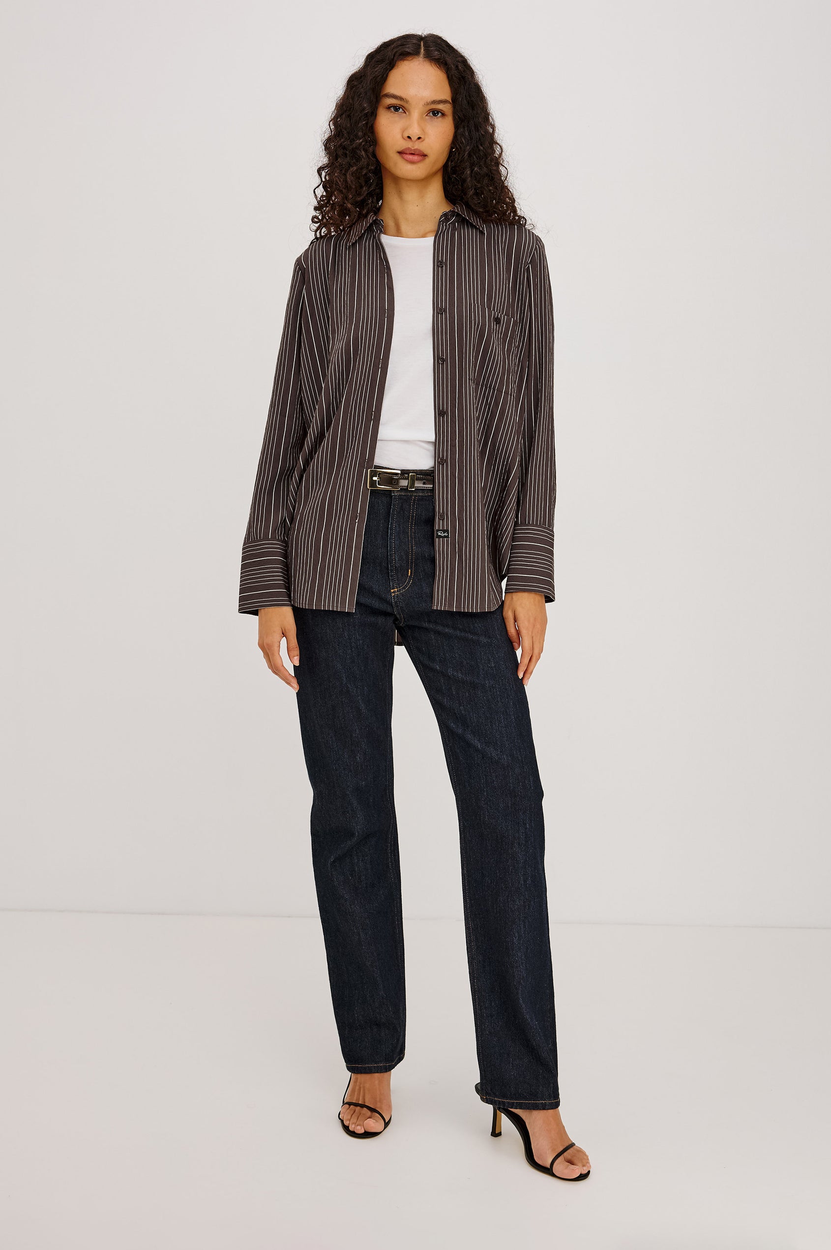 Beck Shirt in Luxe Rayon With Collar, Button Front, Chest Patch Pocket, Long Sleeves, and Relaxed Fit in Chicory Stripe Colorway - Full Body Front View Featured on Model