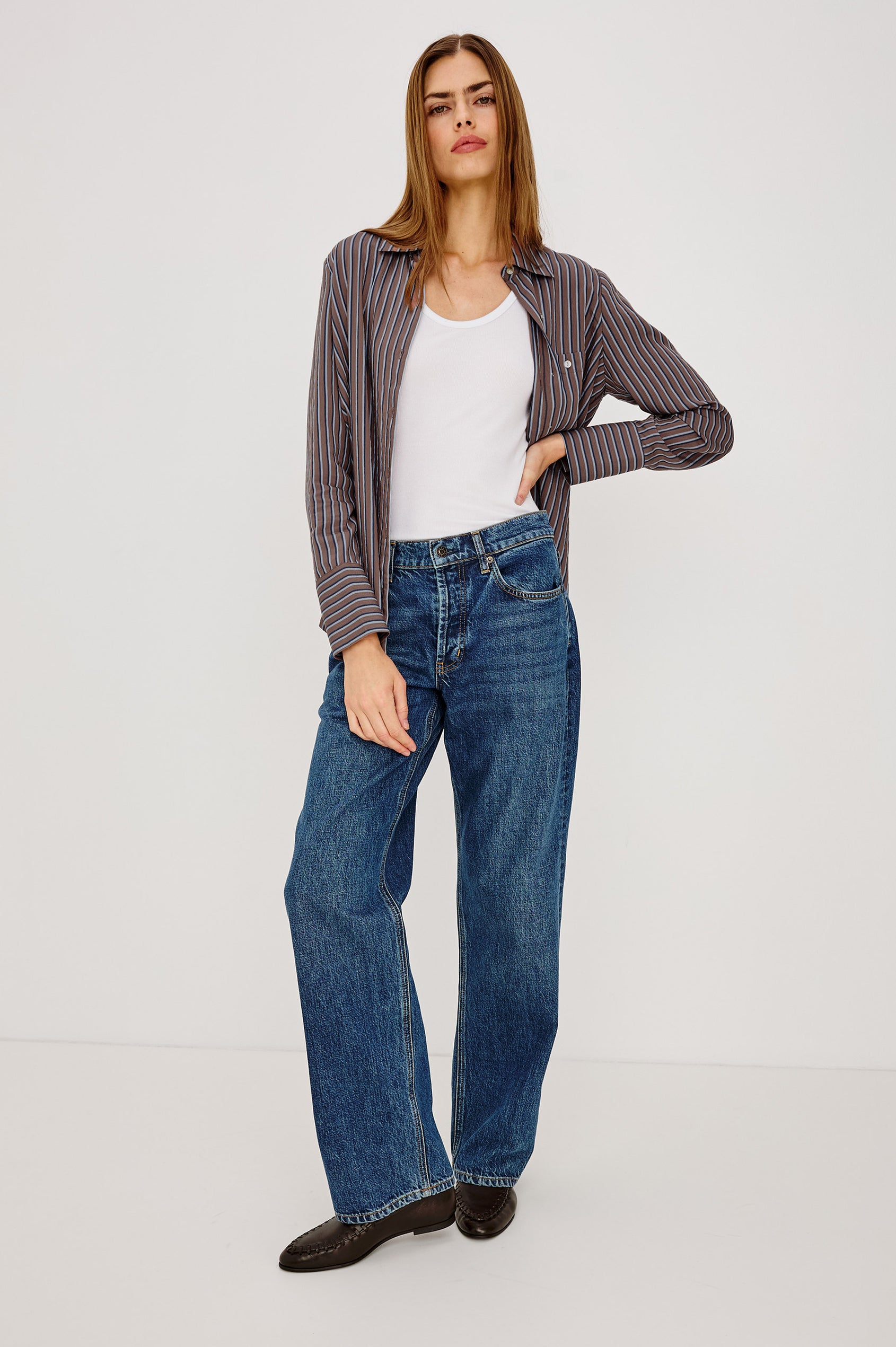 Beck Shirt in Luxe Rayon With Collar, Button Front, Chest Patch Pocket, Long Sleeves, and Relaxed Fit in Hickory Indigo Stripe Colorway - Full Body Front View Featured on Model