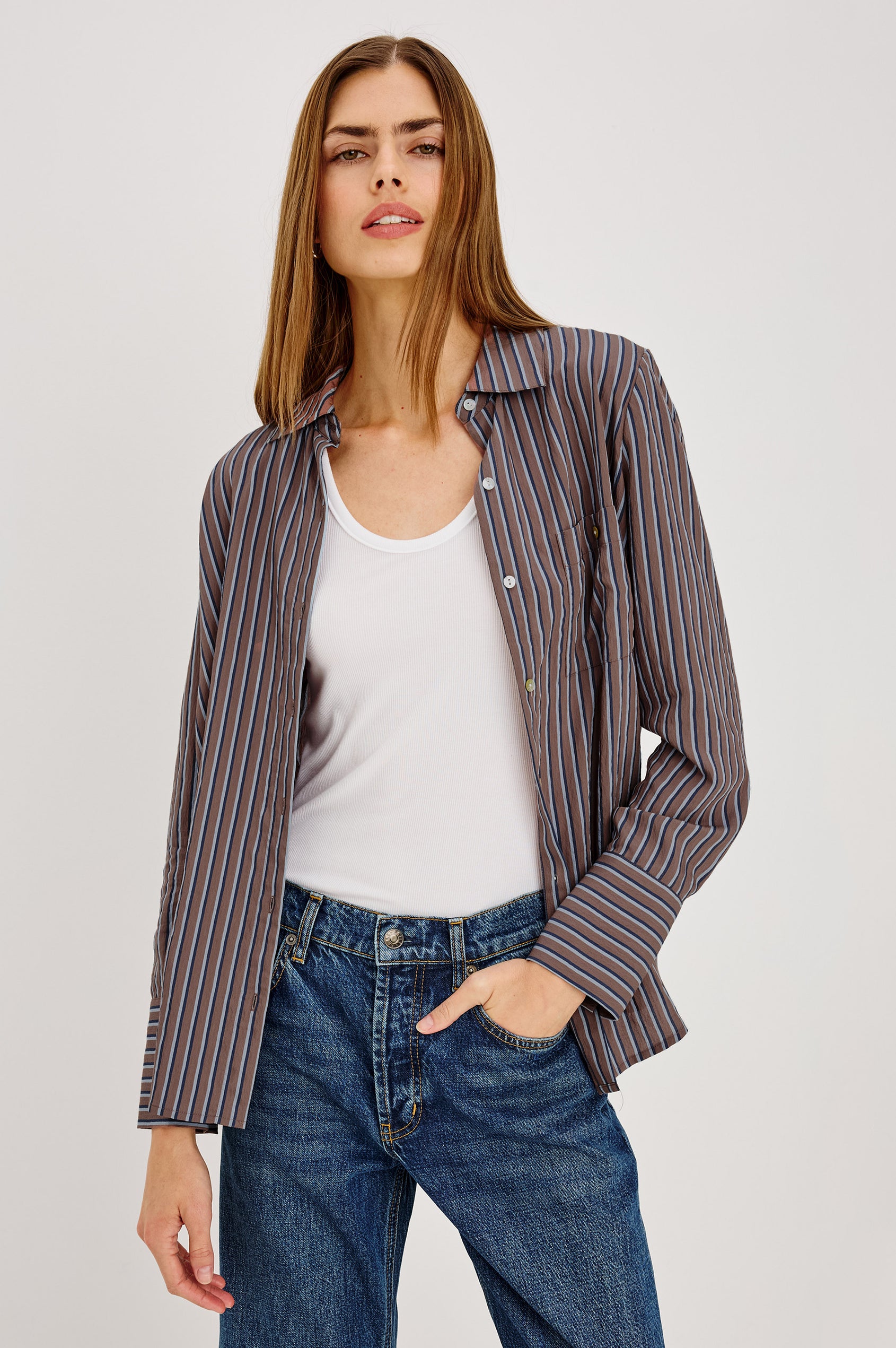 Beck Shirt in Luxe Rayon With Collar, Button Front, Chest Patch Pocket, Long Sleeves, and Relaxed Fit in Hickory Indigo Stripe Colorway - Upper Body Front View Featured on Model