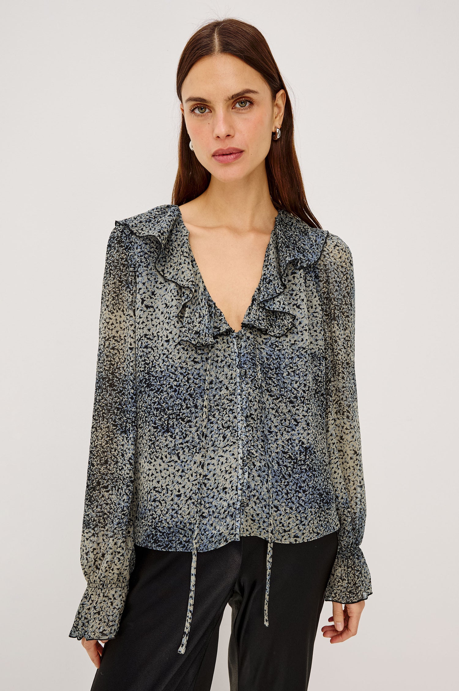 Becky Shirt in Self-Lined Chiffon With Deep V-Neckline, Ruffle Collar, Center Front Self-Tie, Long Sleeves, and Elastic Ruffle Cuffs in Agate Colorway - Upper Body Front View Featured on Model