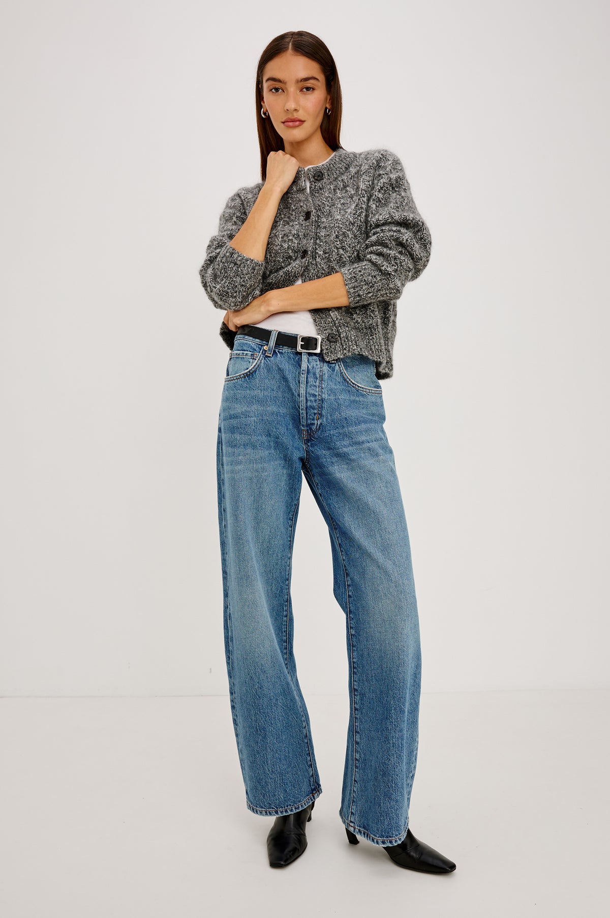Petite Belmont Arc Leg Jean in Rigid Denim With High Rise, Distressed Detailing, Button Fly, and 5-Pockets in Homestead Colorway - Full Body Front View Featured on Model