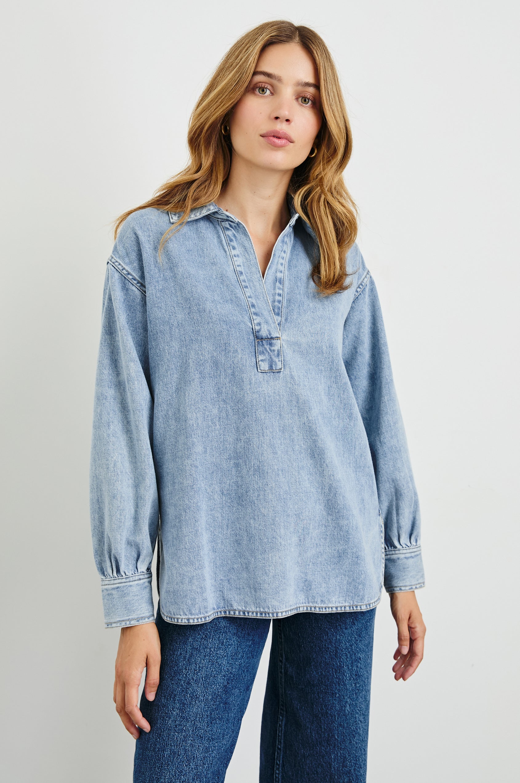 Bennett Denim Long-Sleeve Shirt with a Placket V Neck, a Collar, and Snap Cuffs in Faded Indigo Colorway - Front View Featured on Model 