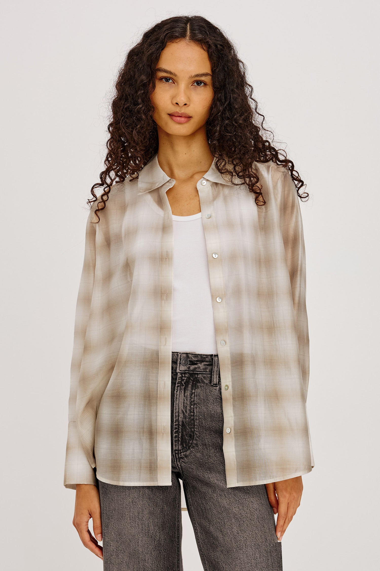 Bishop Shirt in Soft Voile With Collar, Button Front, Long Sleeves, and Relaxed Fit in Mink Vanilla Colorway - Upper Body Front View Featured on Model