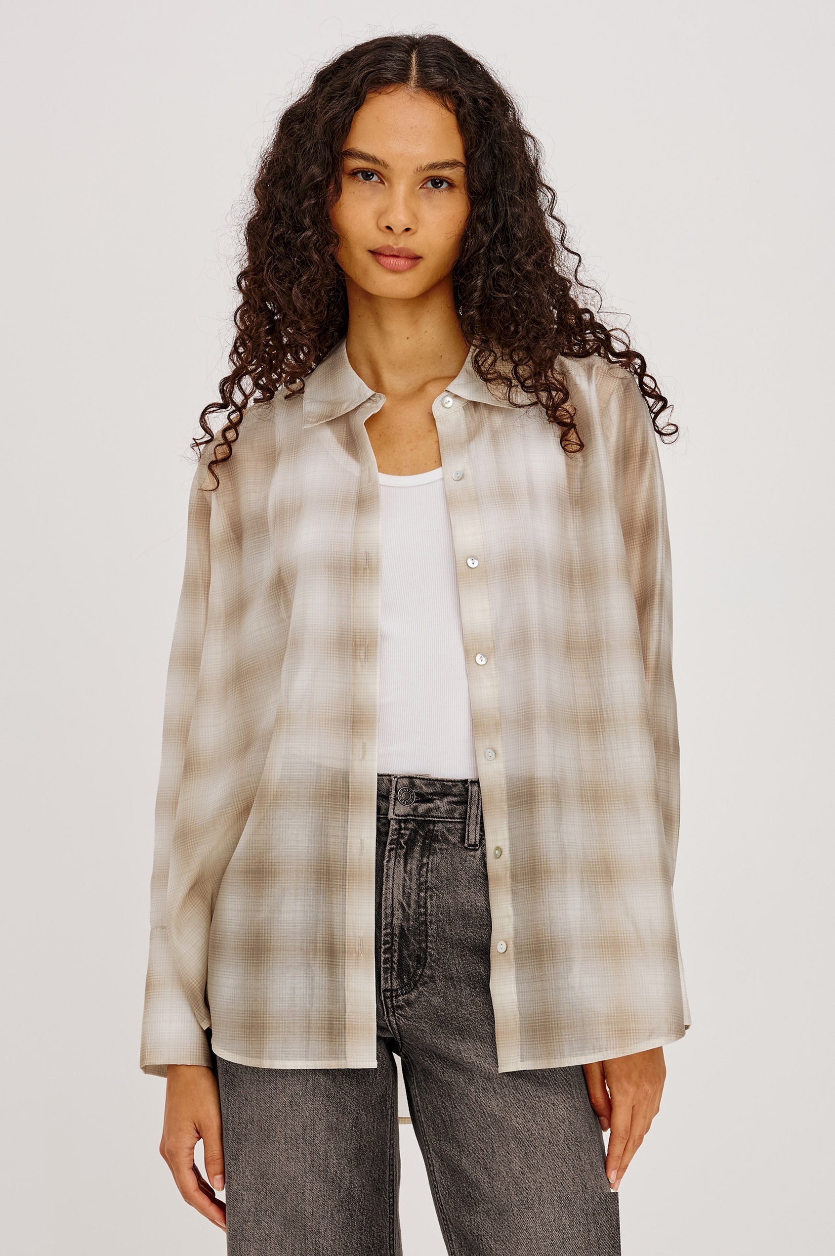 Bishop Shirt in Soft Voile With Collar, Button Front, Long Sleeves, and Relaxed Fit in Mink Vanilla Colorway - Upper Body Front View Featured on Model