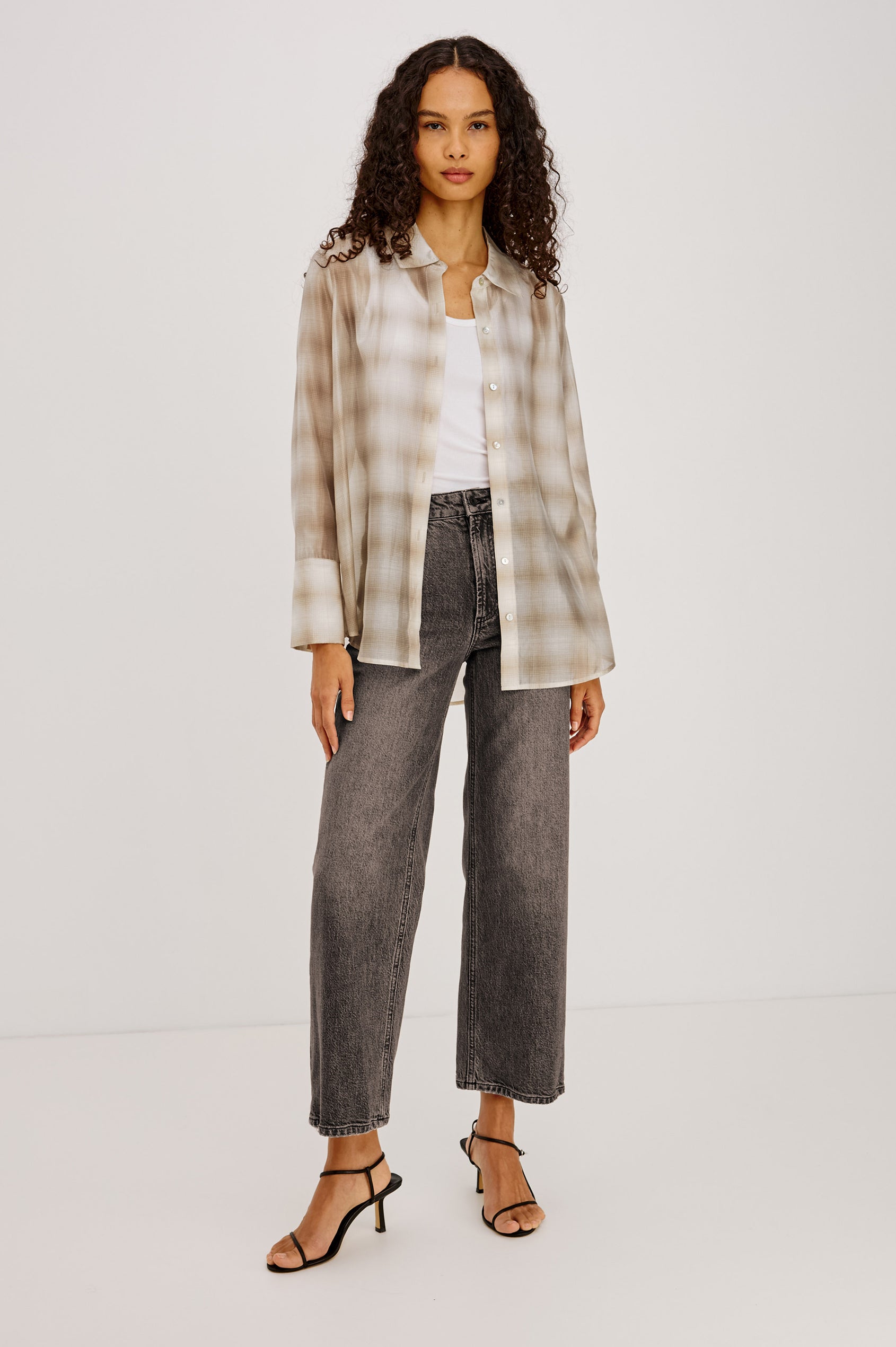 Bishop Shirt in Soft Voile With Collar, Button Front, Long Sleeves, and Relaxed Fit in Mink Vanilla Colorway - Full Body Front View Featured on Model