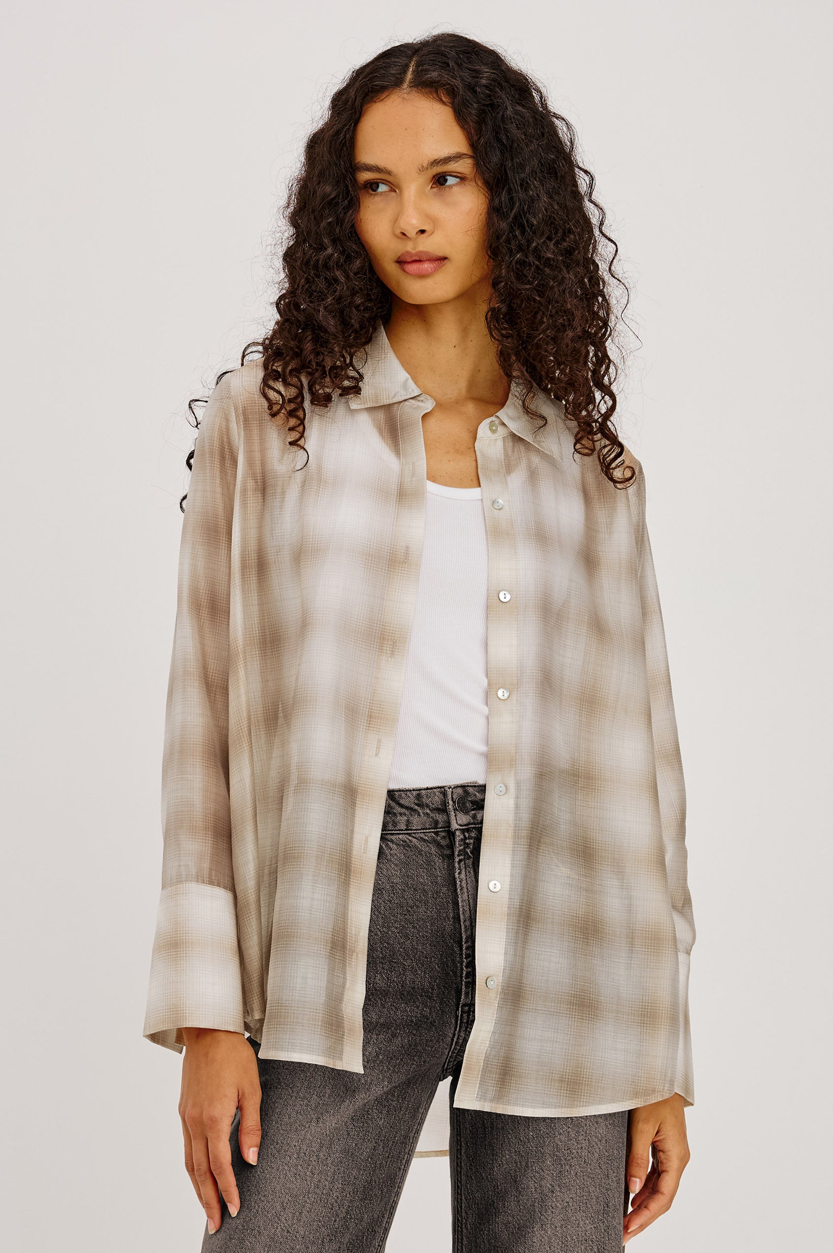 Bishop Shirt in Soft Voile With Collar, Button Front, Long Sleeves, and Relaxed Fit in Mink Vanilla Colorway - Upper Body Front View Featured on Model