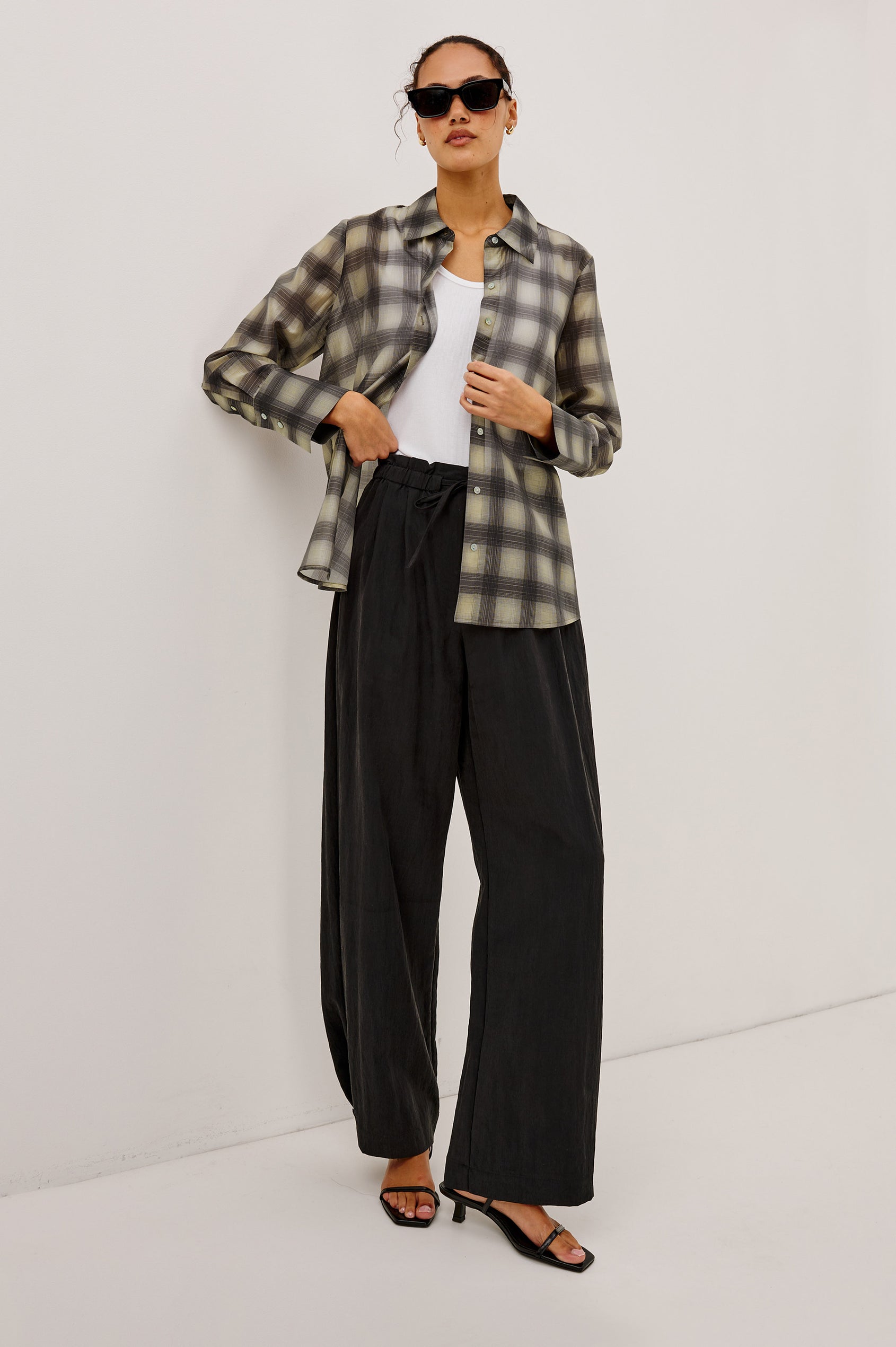Bishop Shirt in Soft Voile With Collar, Button Front, Long Sleeves, and Relaxed Fit in Onyx Taupe Colorway - Full Body Front View Featured on Model