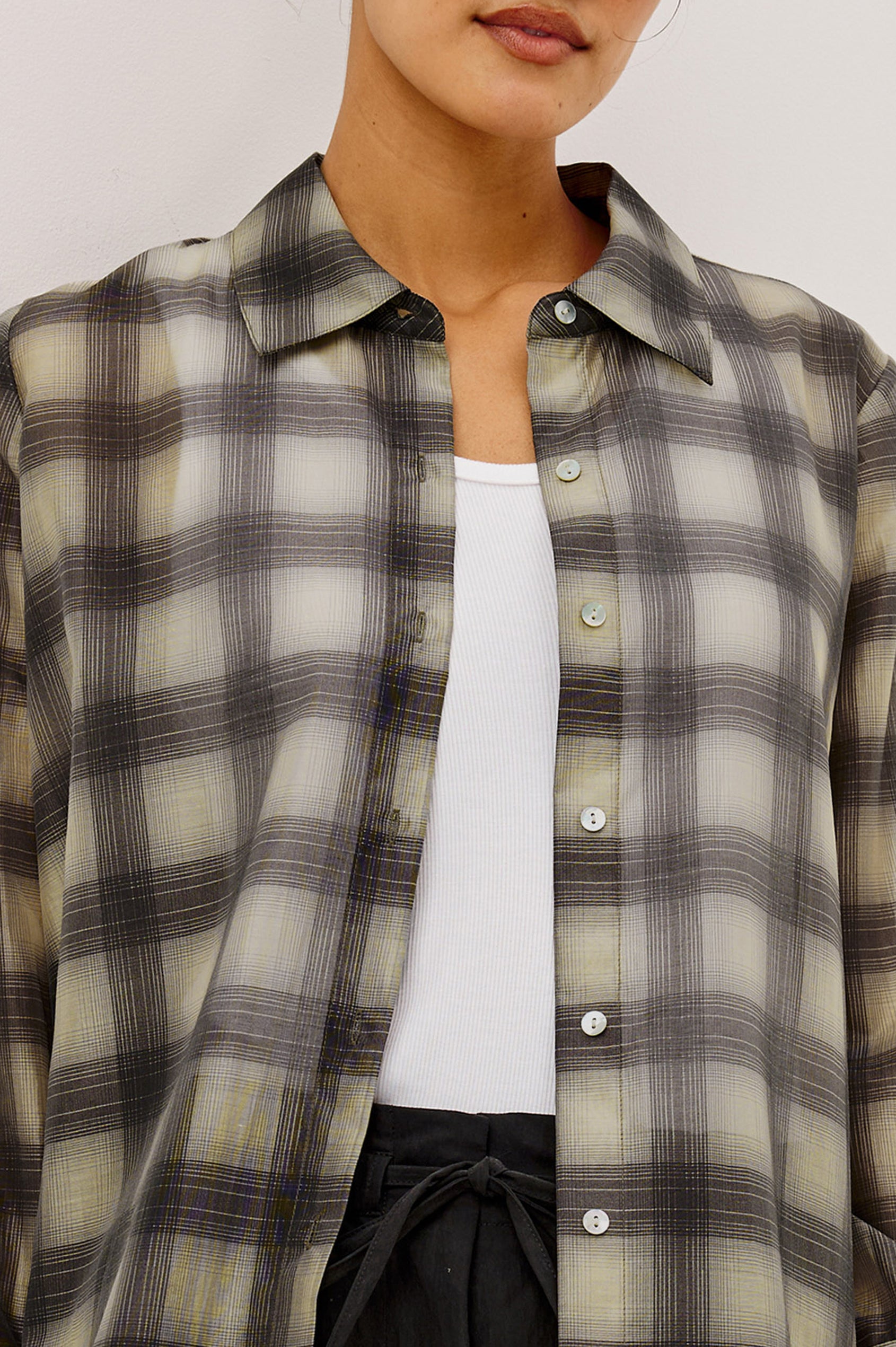 Bishop Shirt in Soft Voile With Collar, Button Front, Long Sleeves, and Relaxed Fit in Onyx Taupe Colorway - Upper Body Front View Featured on Model