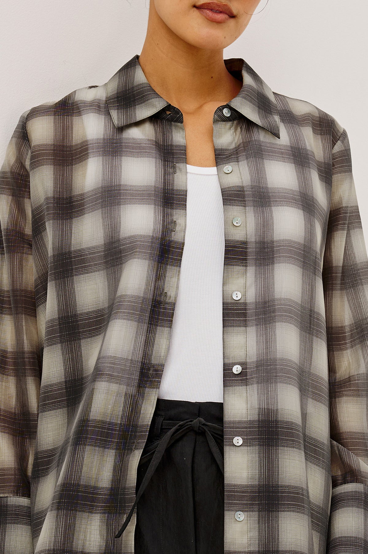 Bishop Shirt in Soft Voile With Collar, Button Front, Long Sleeves, and Relaxed Fit in Onyx Taupe Colorway - Full Body Front View Featured on Model - Video