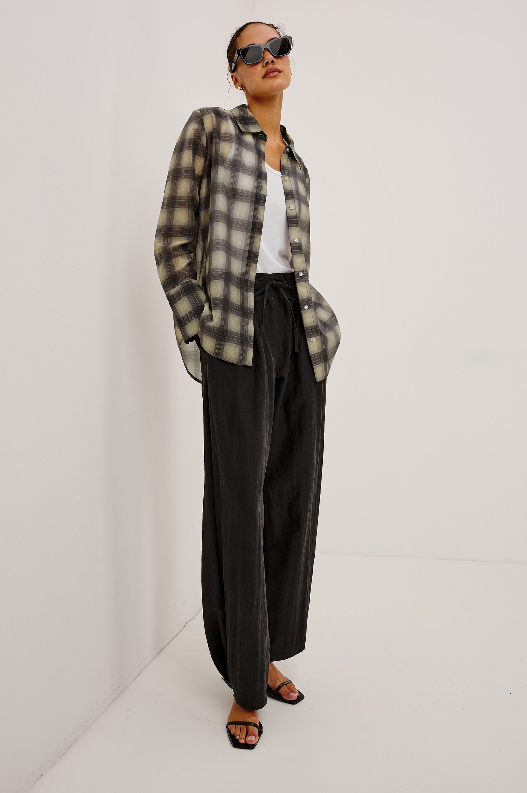 Bishop Shirt in Soft Voile With Collar, Button Front, Long Sleeves, and Relaxed Fit in Onyx Taupe Colorway - Full Body Front View Featured on Model