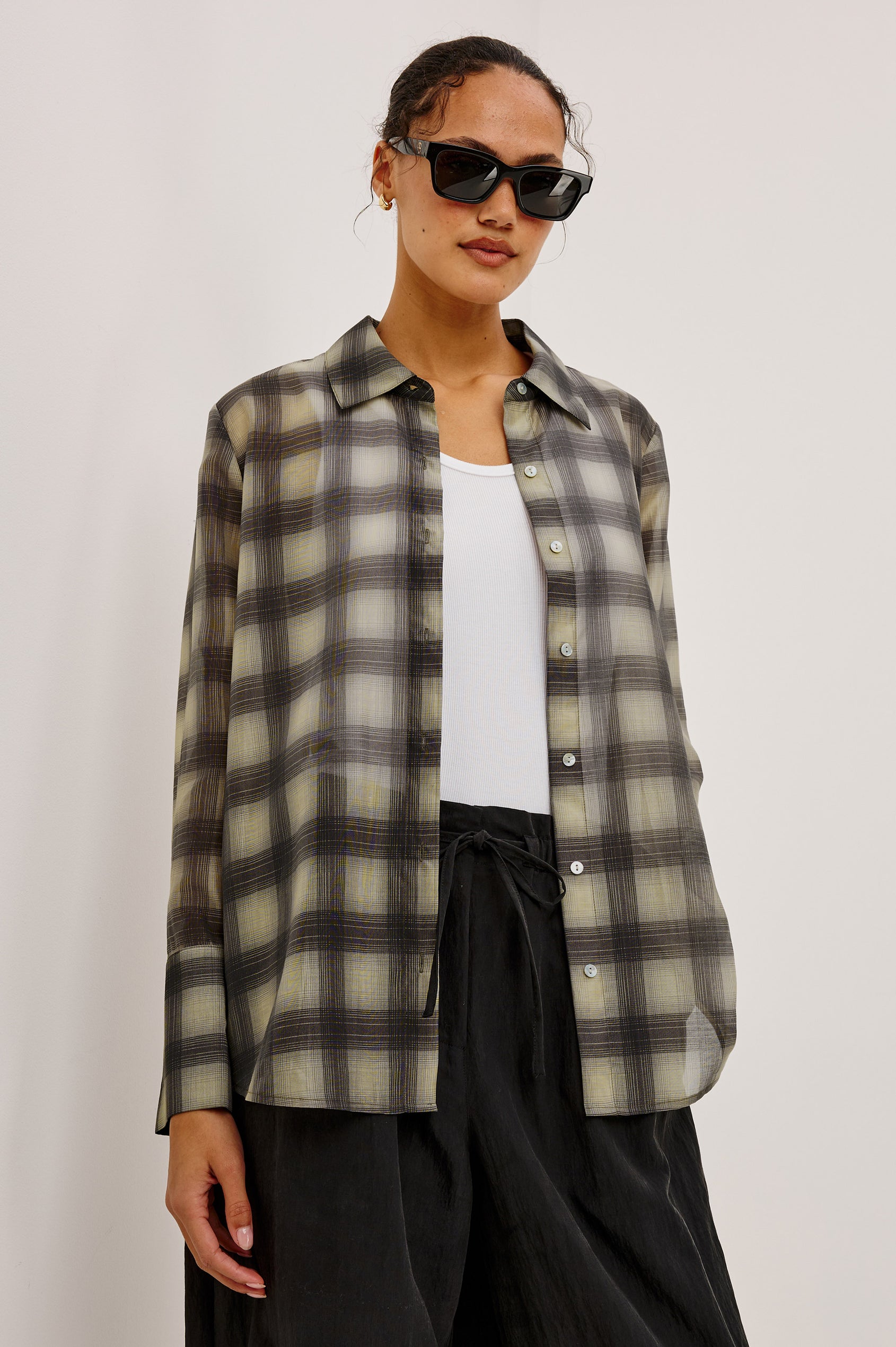 Bishop Shirt in Soft Voile With Collar, Button Front, Long Sleeves, and Relaxed Fit in Onyx Taupe Colorway - Upper Body Front View Featured on Model