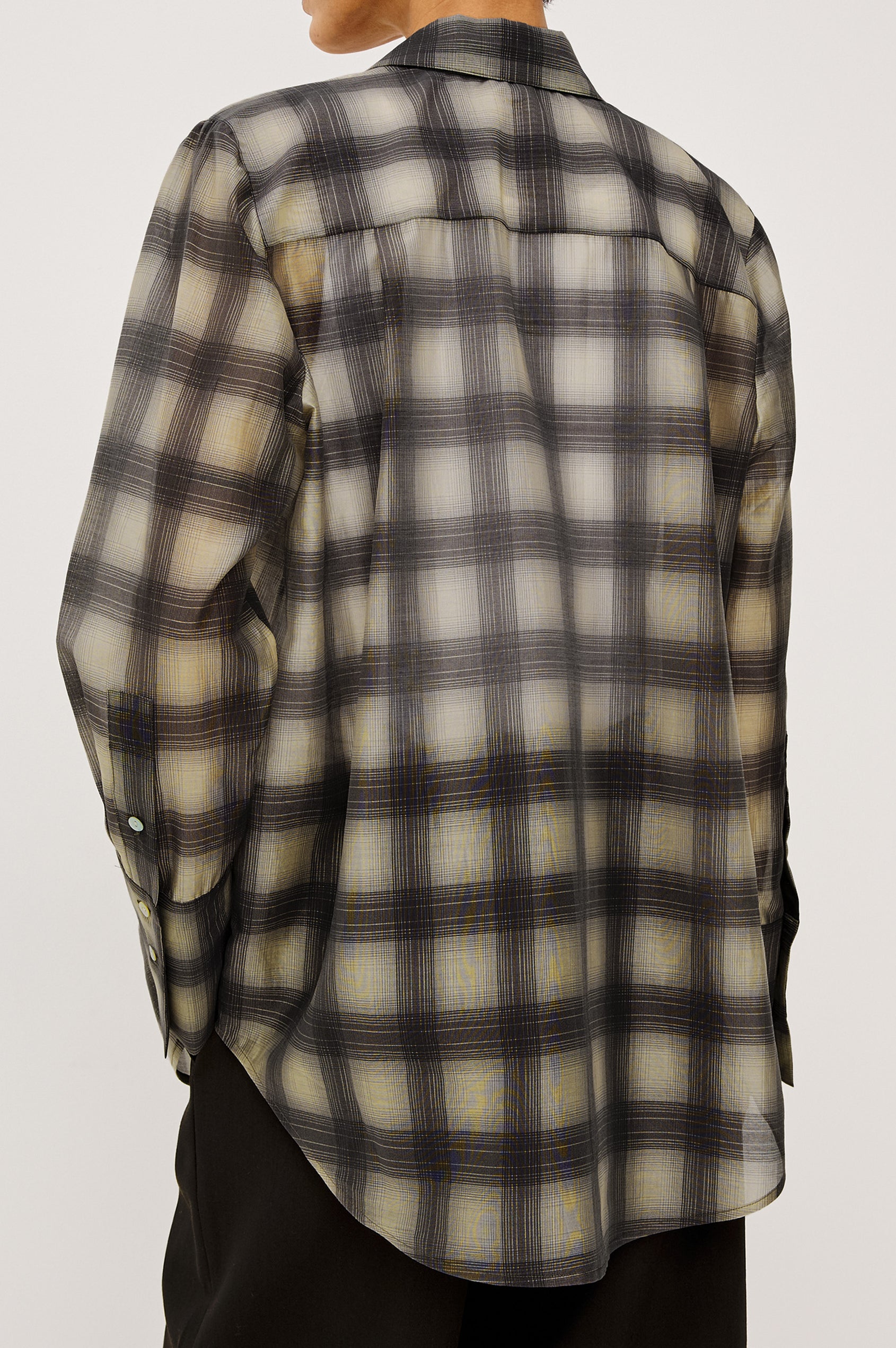Bishop Shirt in Soft Voile With Collar, Button Front, Long Sleeves, and Relaxed Fit in Mink Vanilla Colorway - Upper Body Back View Featured on Model