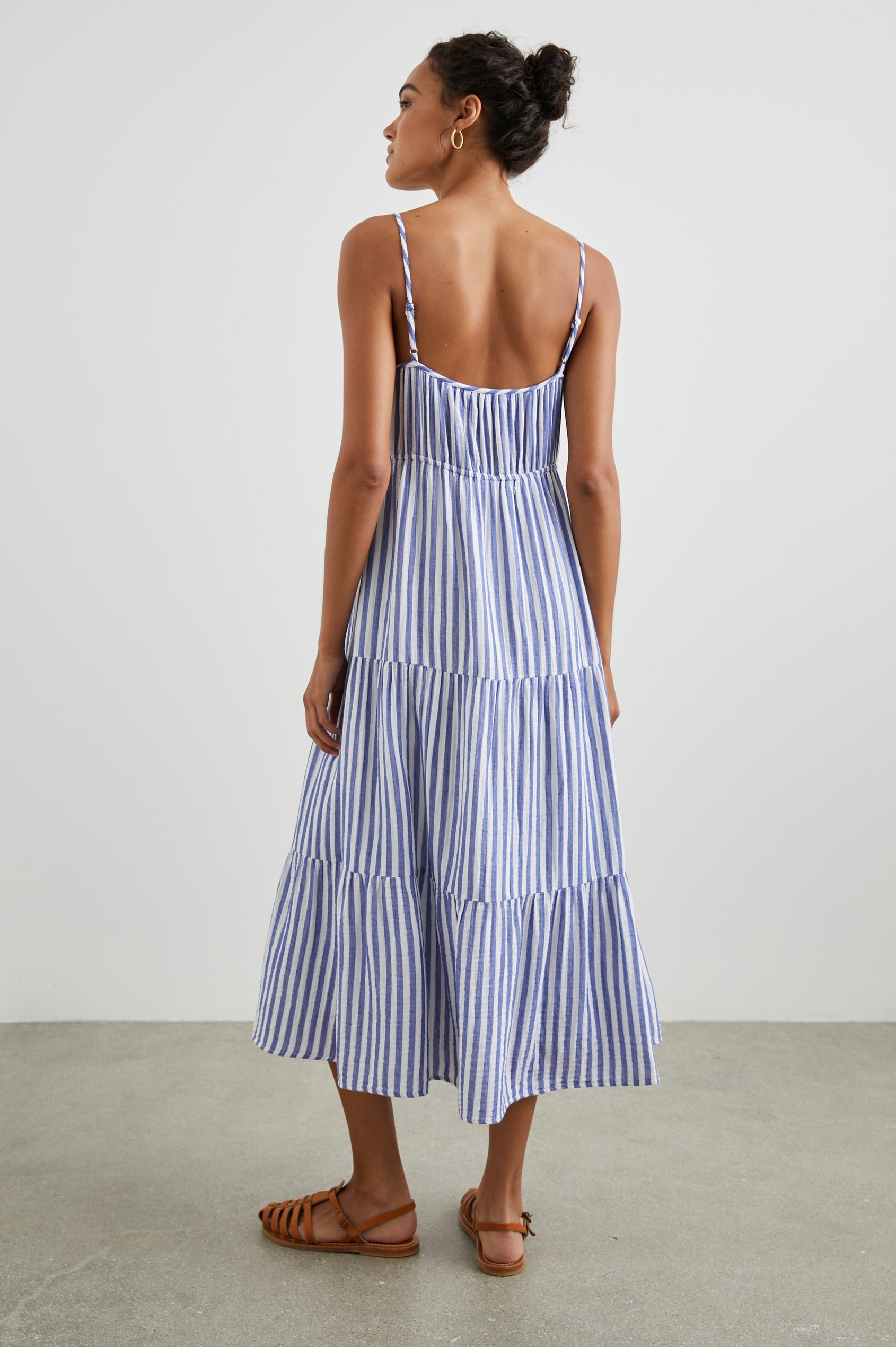 Blakely Sleeveless Tiered Midi Dress with Adjustable Spaghetti Straps and a Scoop Neck in Anacapa Stripe Colorway, Blue and White Vertical Stripes - Back Full Body View Featured on Model 