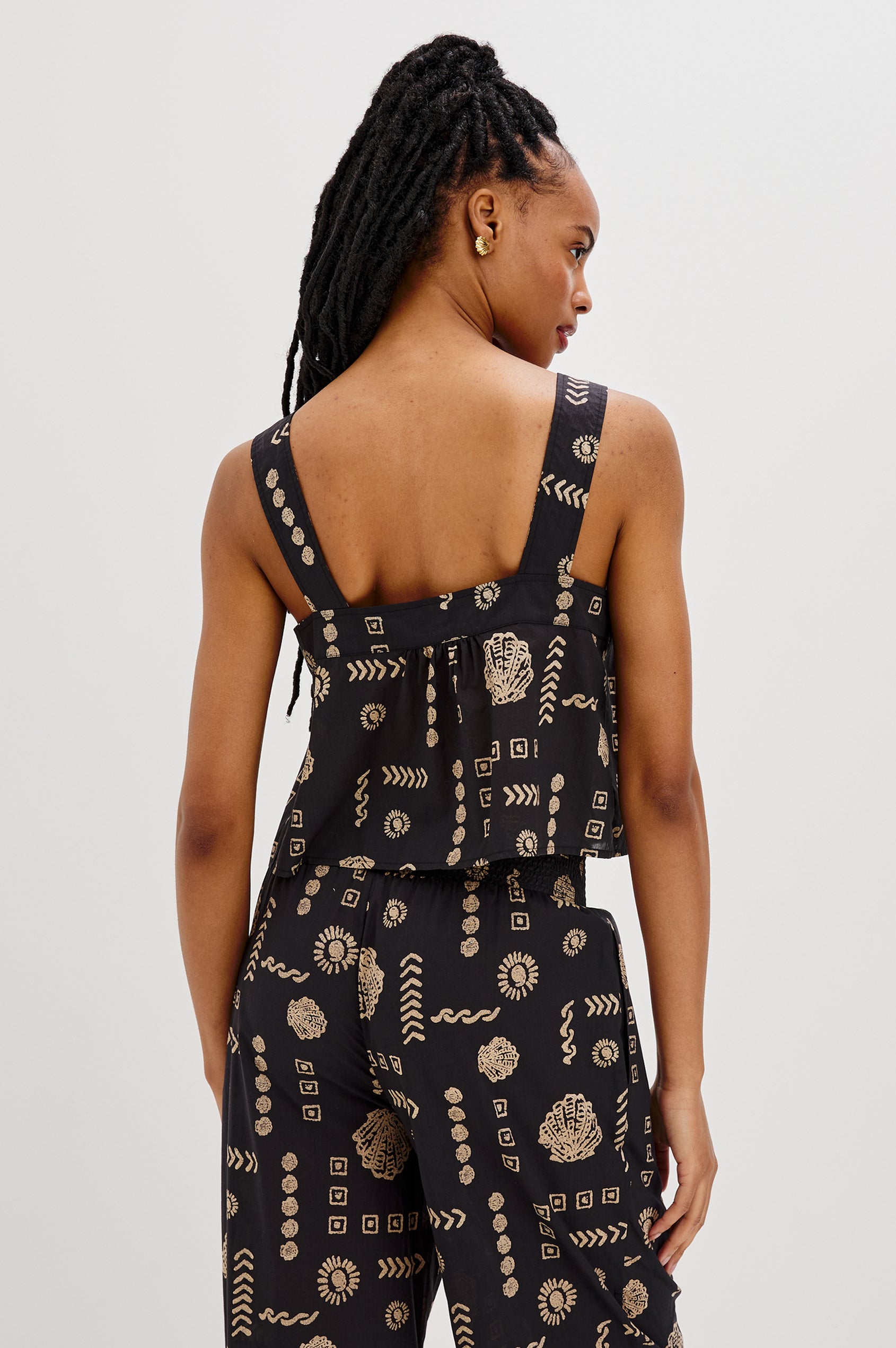 Blythe Square Neck Tank Top with Wide Straps and Two Front Ties in Beach Shells Colorway. Back View Shown on Model.