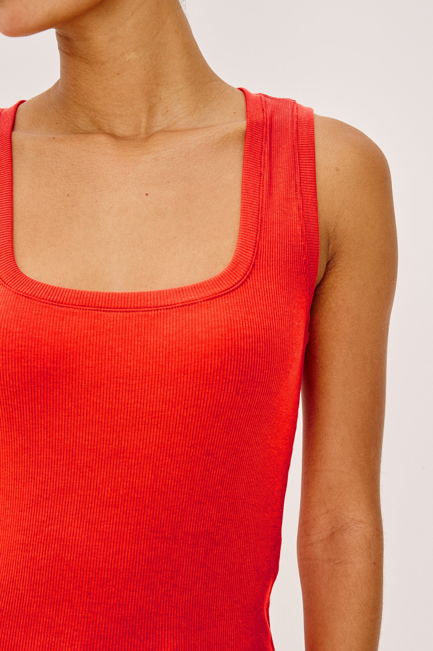 Bobbie Tank Top in Cotton Rib Blend With Soft Square Neckline, Wide Shoulder Straps, and Classic Fit in Cherry - Upper Body Close Up Front View Featured on Model
