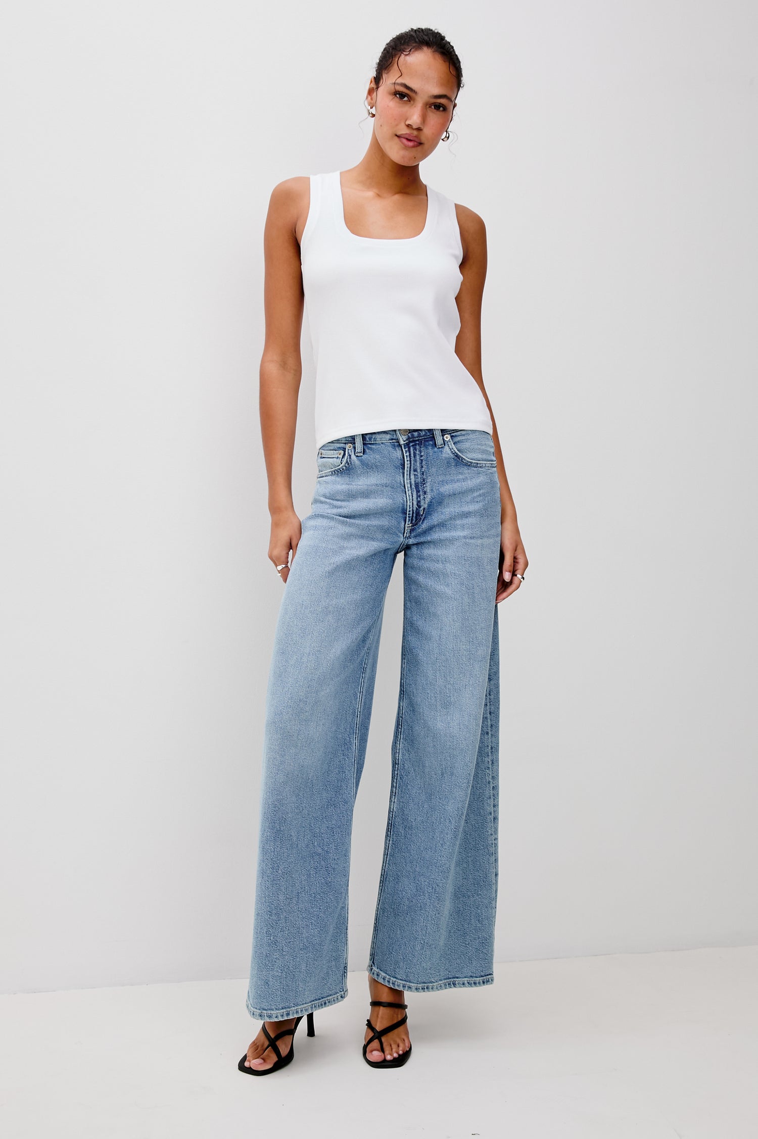 Bobbie Tank Top in Cotton Rib Blend With Soft Square Neckline, Wide Shoulder Straps, and Classic Fit in White - Full Body Front View Featured on Model