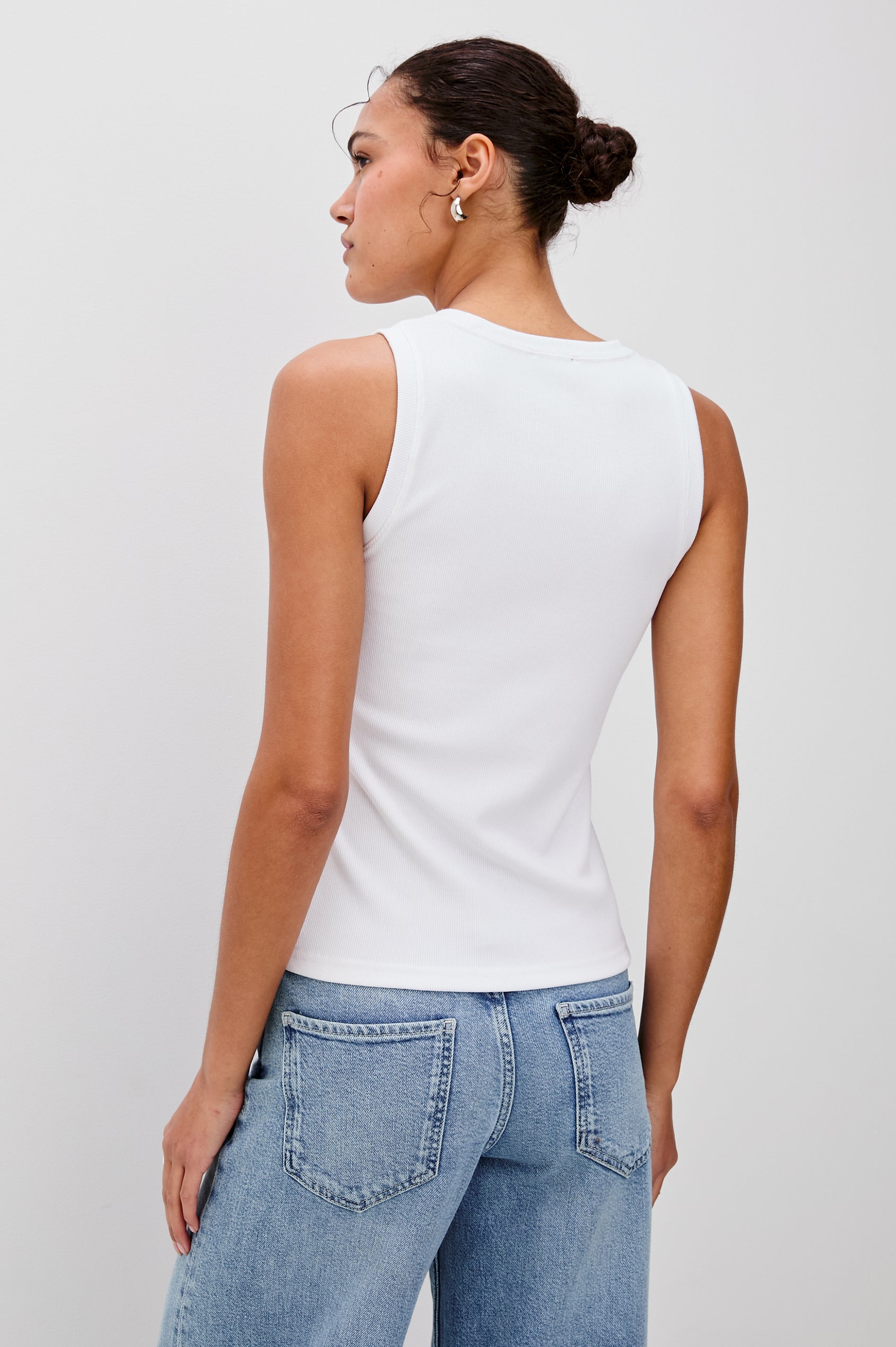 Bobbie Square Neck Tank with Wide Straps in White Colorway. Back View Shown on Model.