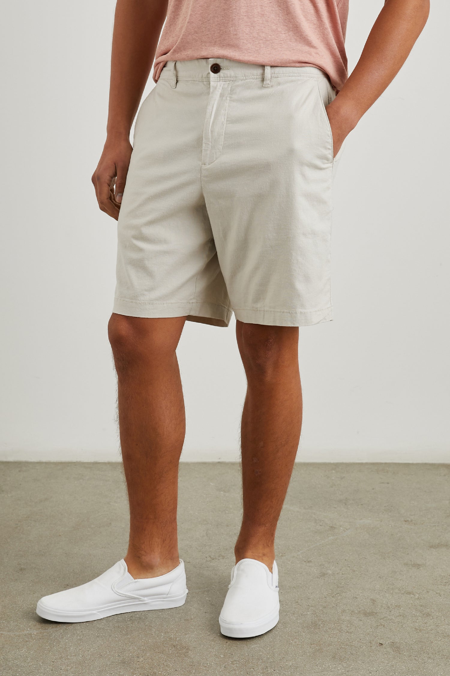 Boden Knee-Length Shorts with Belt Loops, Two Front Pockets and Two Back Button Welt Pockets in Stone Colorway - Front View Featured on Model