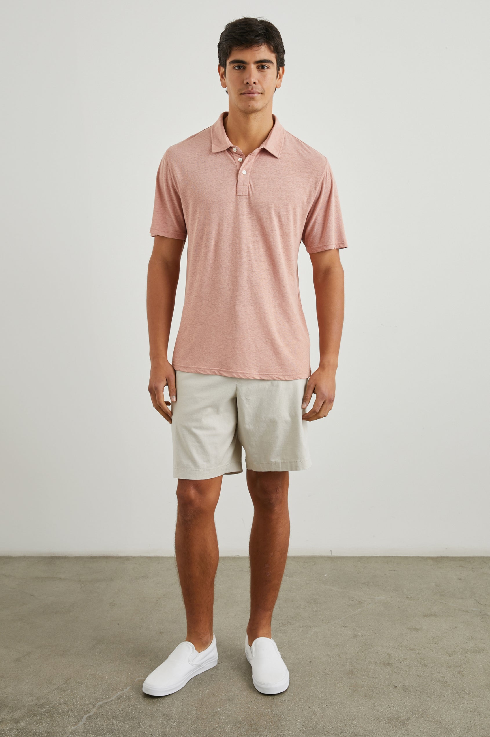 Boden Knee-Length Shorts with Belt Loops, Two Front Pockets and Two Back Button Welt Pockets in Stone Colorway - Front Full Body View Featured on Model