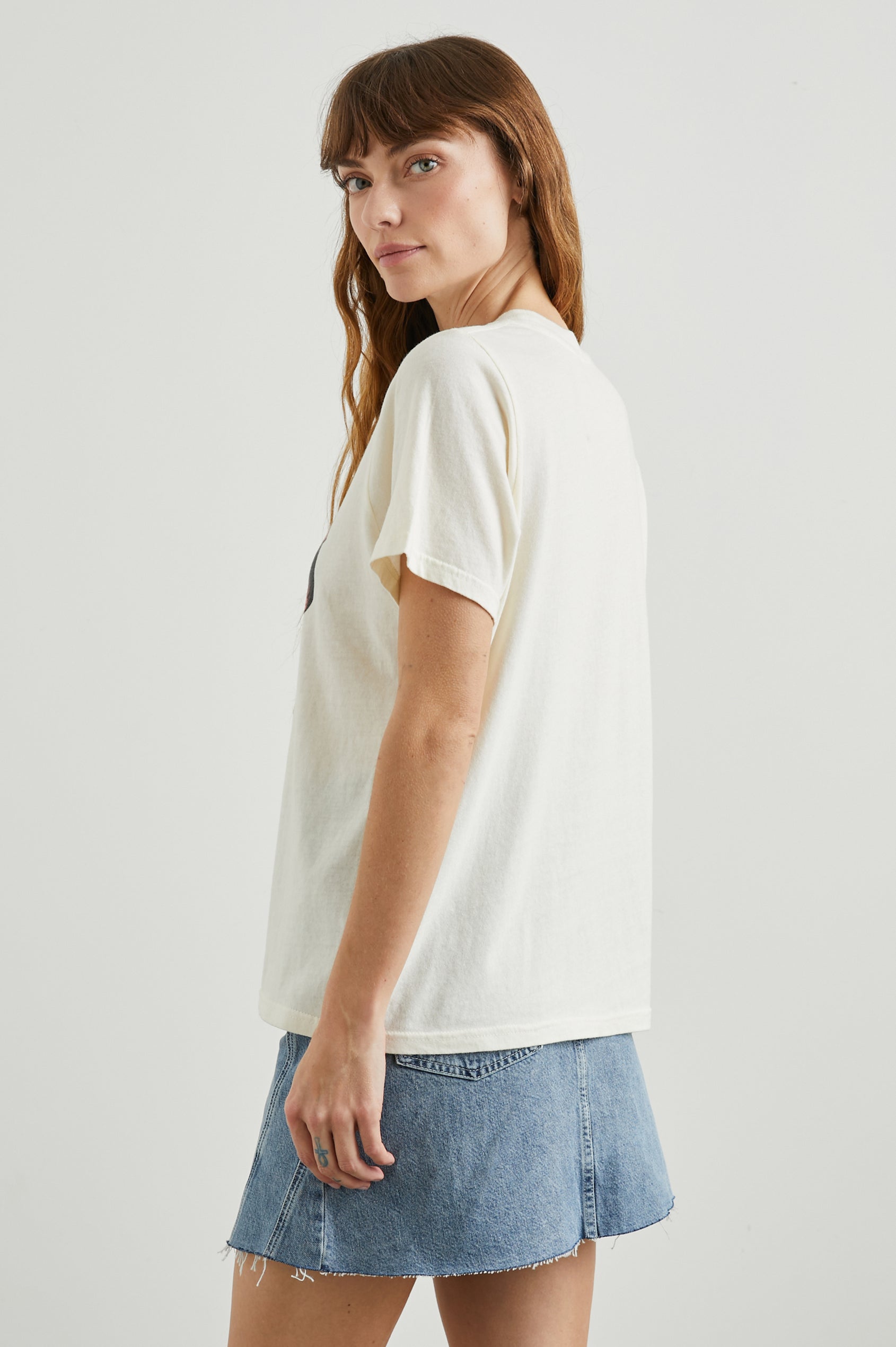 Boyfriend T-Shirt with a Crew Neck, photographs of Los Angeles and the text, Greetings From Rails Los Angeles in Rails Los Angeles Ecru Colorway, with text in Pink and Blue - Side View Featured on Model