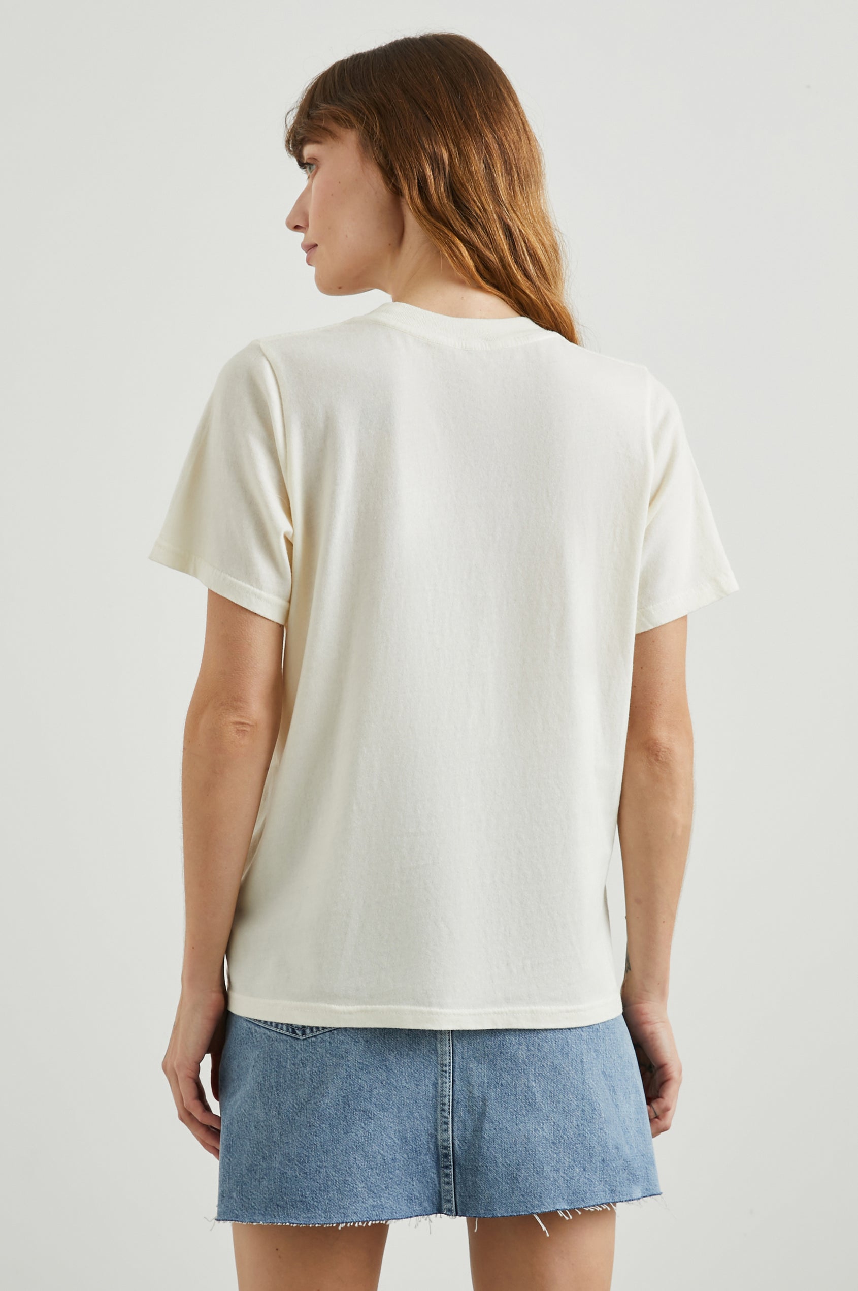 Boyfriend T-Shirt with a Crew Neck, photographs of Los Angeles and the text, Greetings From Rails Los Angeles in Rails Los Angeles Ecru Colorway, with text in Pink and Blue - Back View Featured on Model