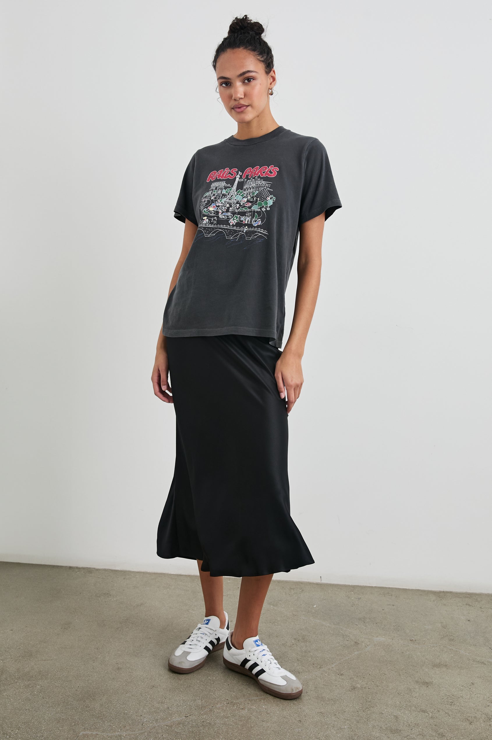 Boyfriend T-Shirt with a Crew Neck, Paris Images and the text, Rails Paris in Rails Paris Colorway, with text and images in mostly Pink and white on Black - Front Full Body View Featured on Model