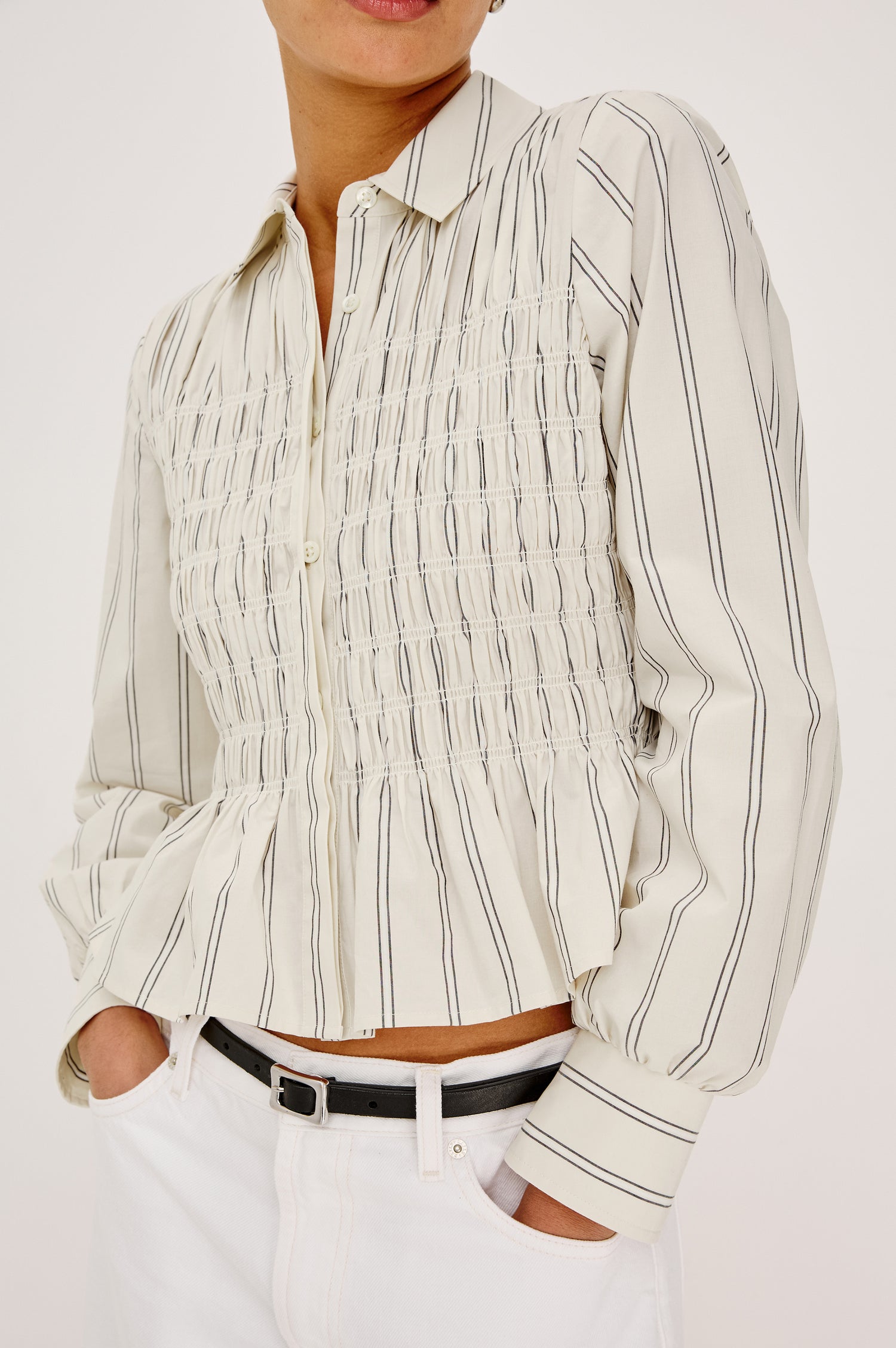 Bradshaw Button-Up Shirt in Cotton Poplin With Collar, Smocked Body, Peplum Hem, and Long Gathered Sleeves in Palma Stripe Colorway - Upper Body Front View Featured on Model