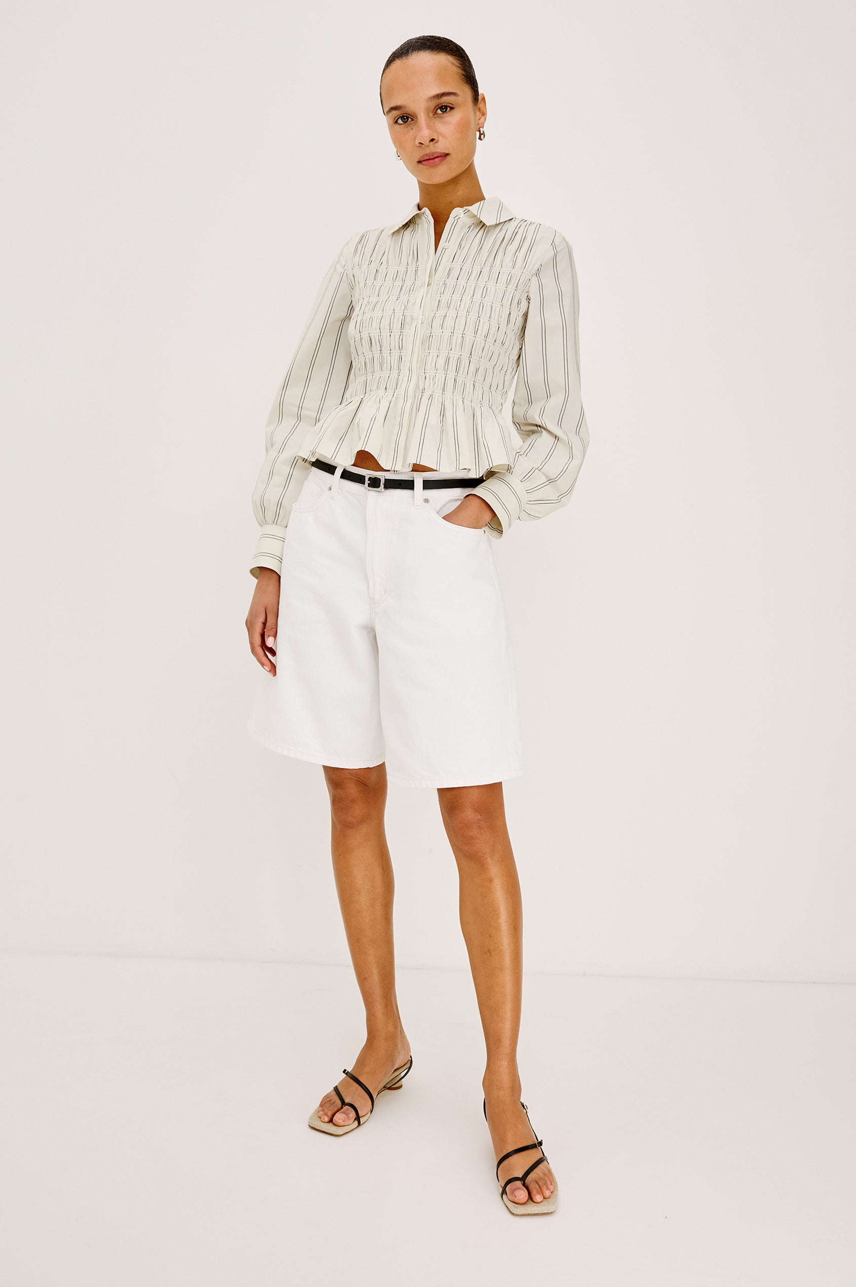 Bradshaw Button-Up Shirt in Cotton Poplin With Collar, Smocked Body, Peplum Hem, and Long Gathered Sleeves in Palma Stripe Colorway - Full Body Front View Featured on Model