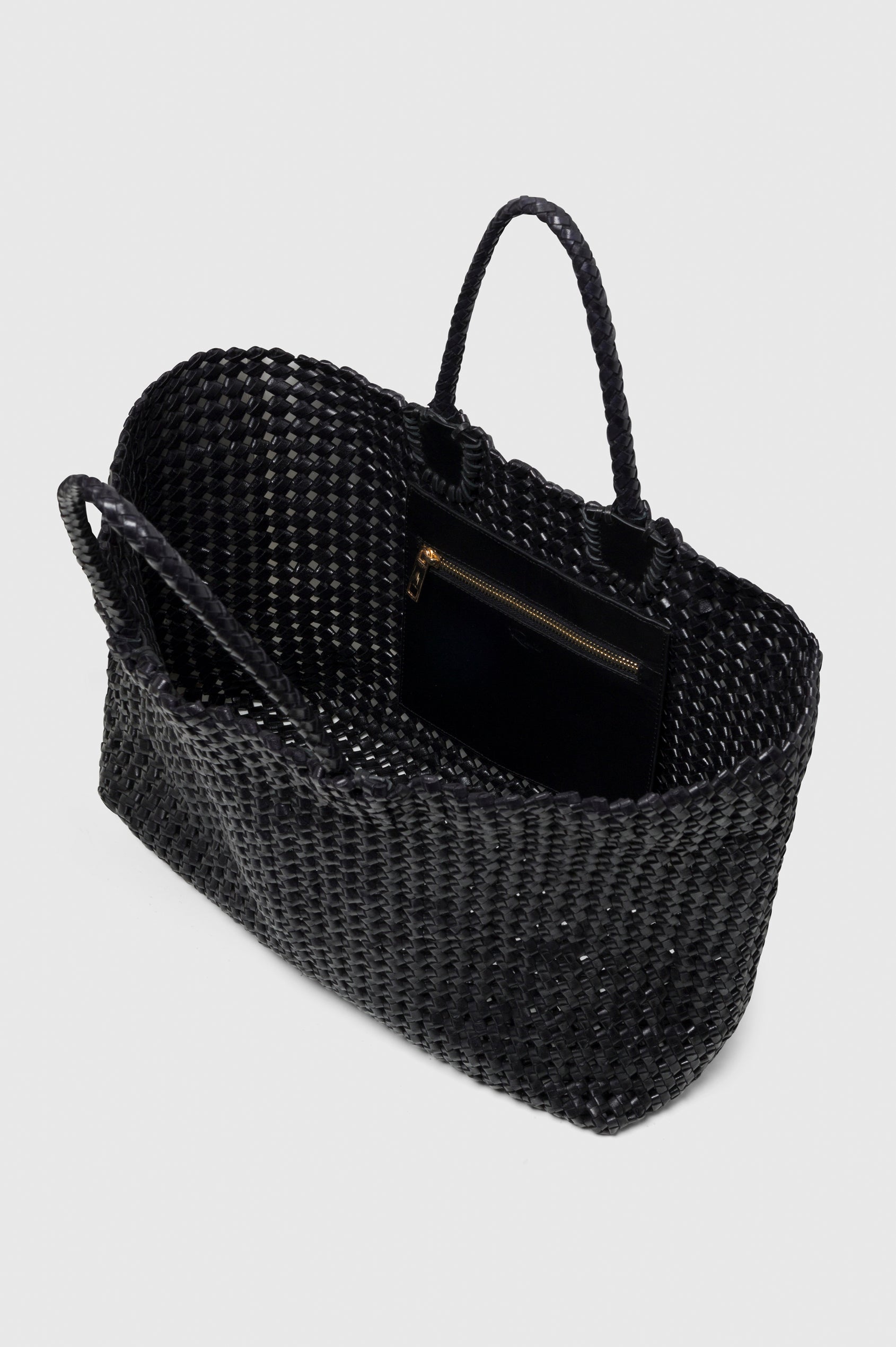 Brava oversized woven tote bag in Black - view of open bag with interior pocket
