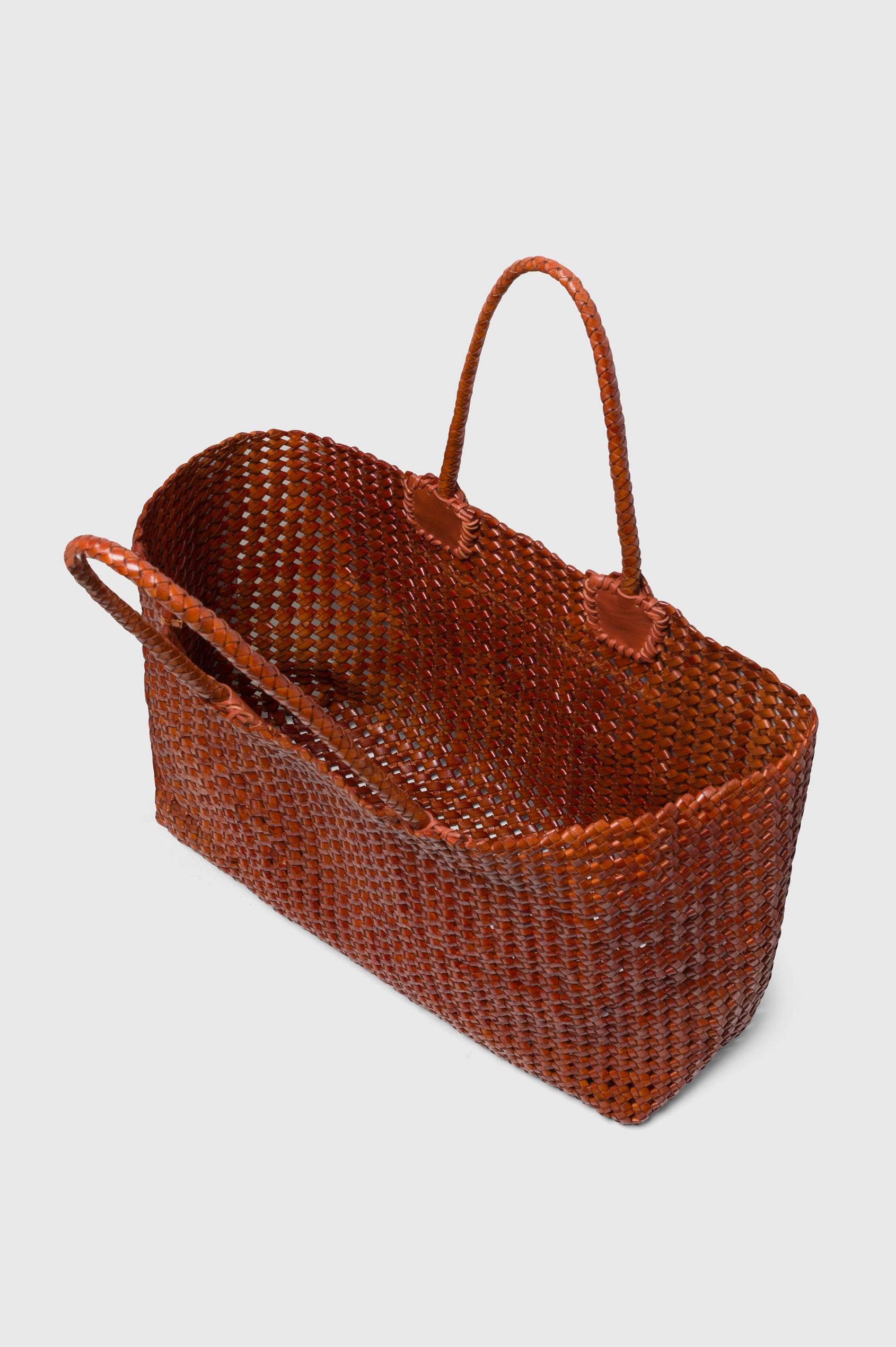 Brava oversized woven tote bag in Cognac brown - view of bag open showing interior