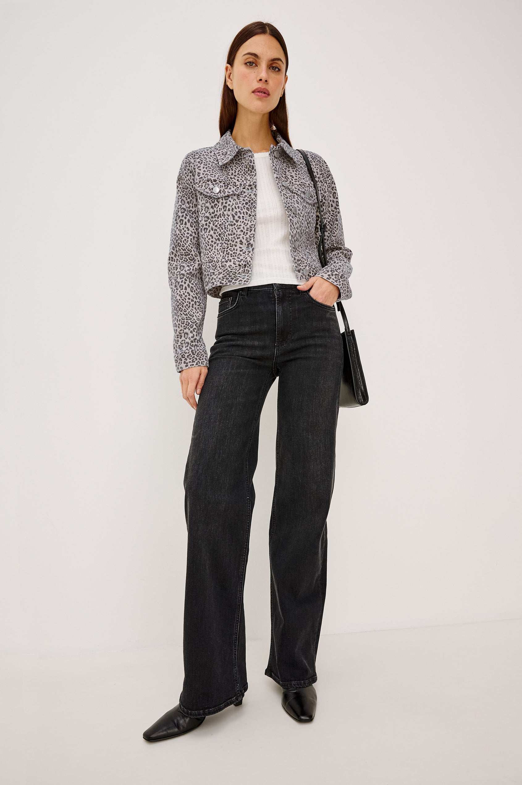 Brea Cropped Denim Jacket With Front Buttons and Long Sleeves in Ecru Cheetah Colorway - Full Body Front View Featured on Model