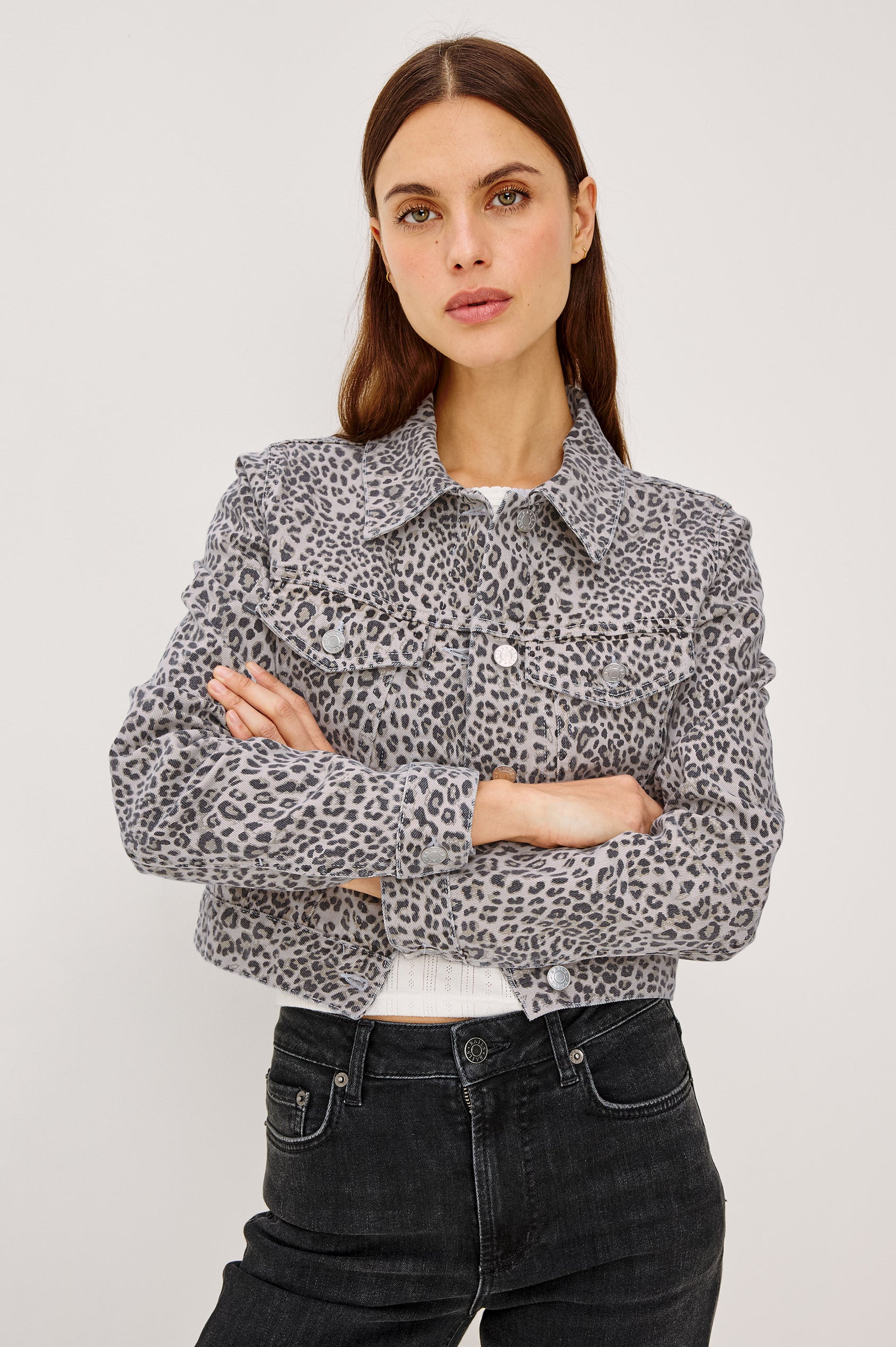 Brea Cropped Denim Jacket With Front Buttons and Long Sleeves in Ecru Cheetah Colorway - Upper Body Front View Featured on Model