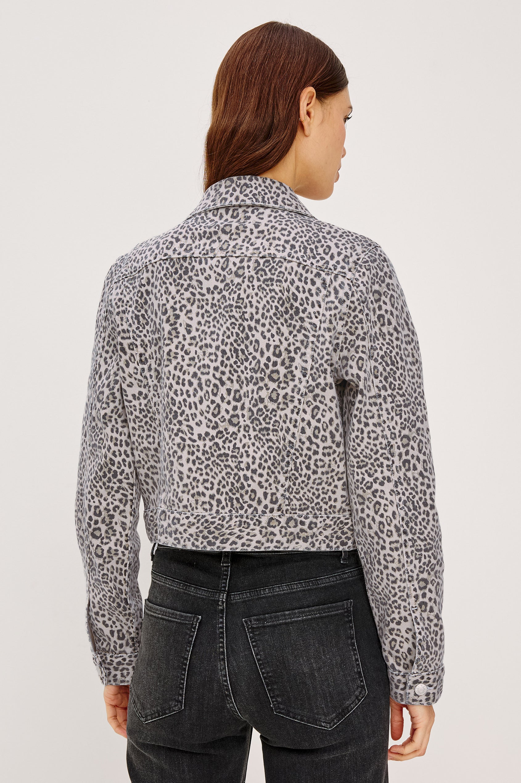 Brea Cropped Denim Jacket With Front Buttons and Long Sleeves in Ecru Cheetah Colorway - Upper Body Back View Featured on Model