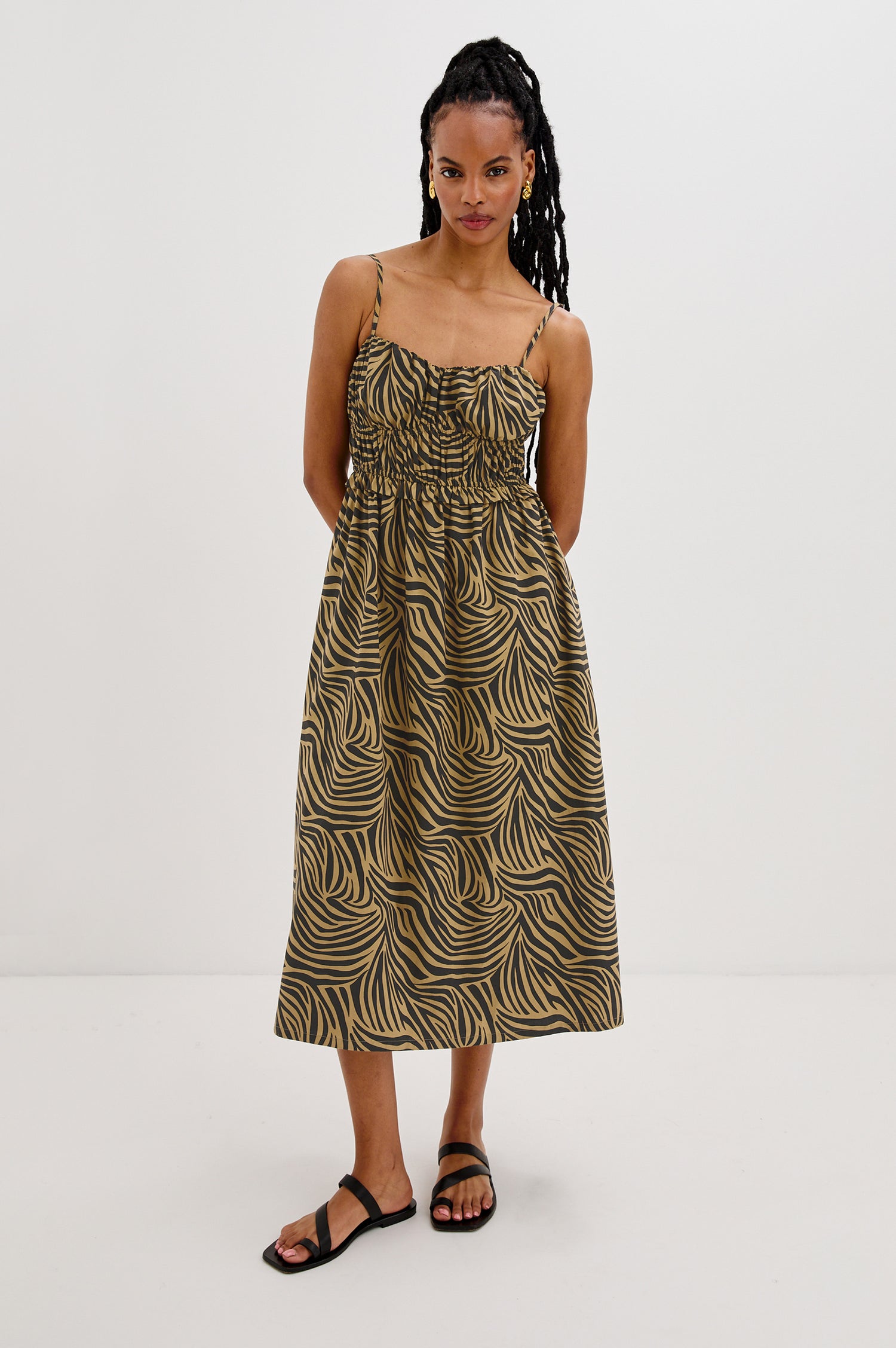 Breeze Midi Tank Dress with Spaghetti Straps, Gathered Waist Details in Gold and Black Cayman Colorway. Full Body Front View Shown on Model.