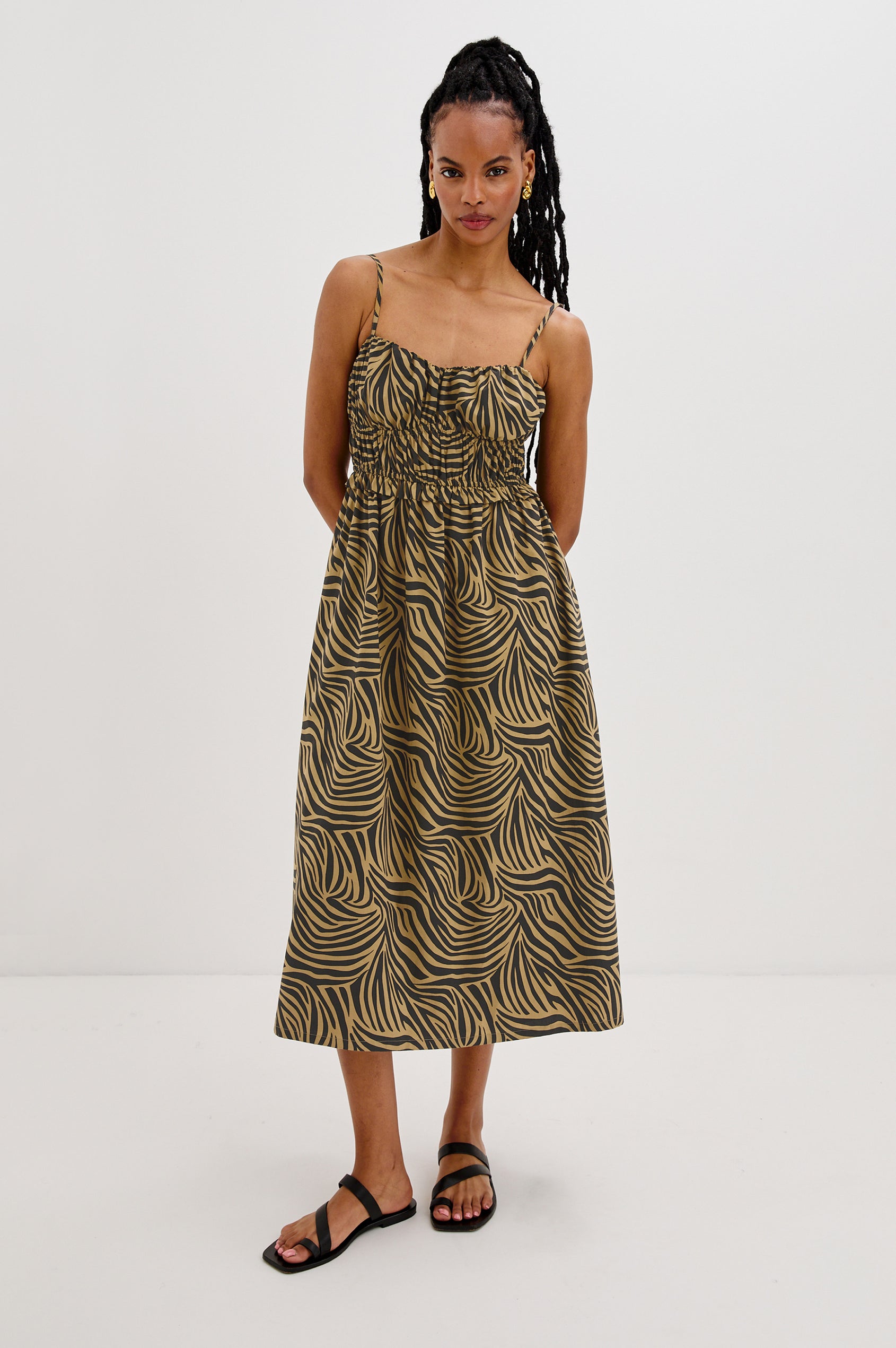 Breeze Midi Tank Dress with Spaghetti Straps, Gathered Waist Details in Gold and Black Cayman Colorway. Full Body Front View Shown on Model.
