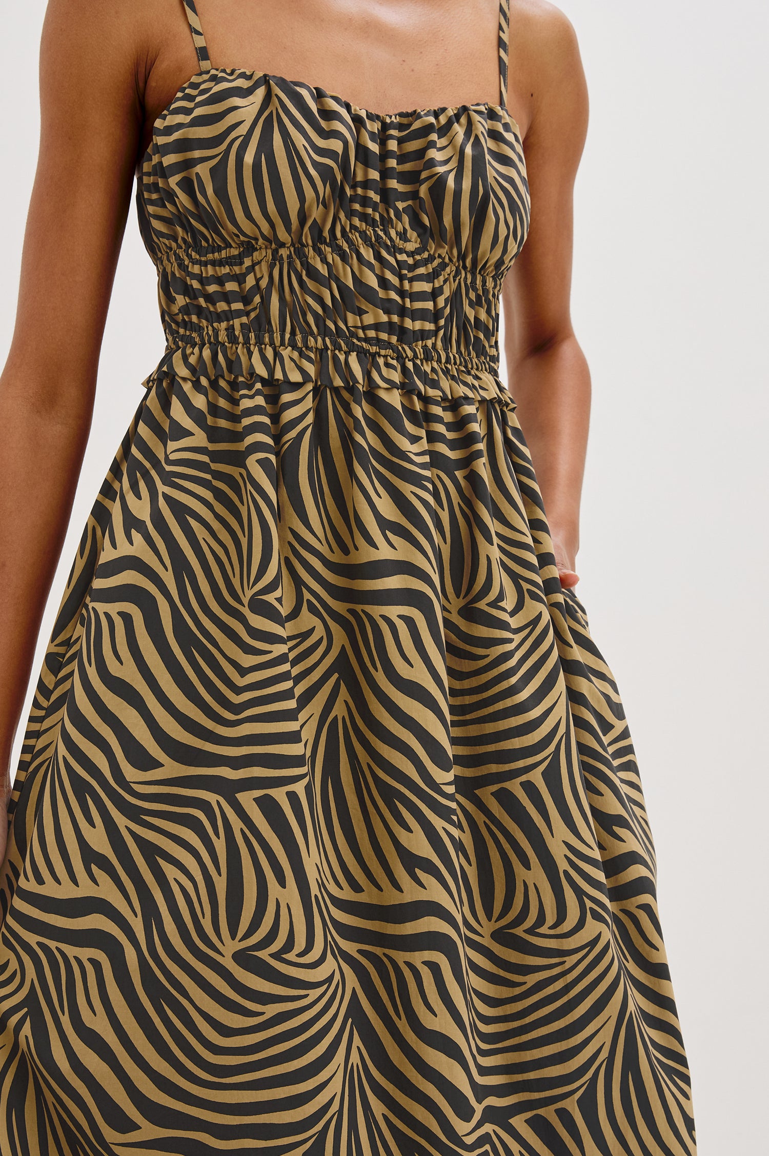 Breeze Midi Tank Dress with Spaghetti Straps, Gathered Waist Details in Gold and Black Cayman Colorway. Front Detailed View Shown on Model.