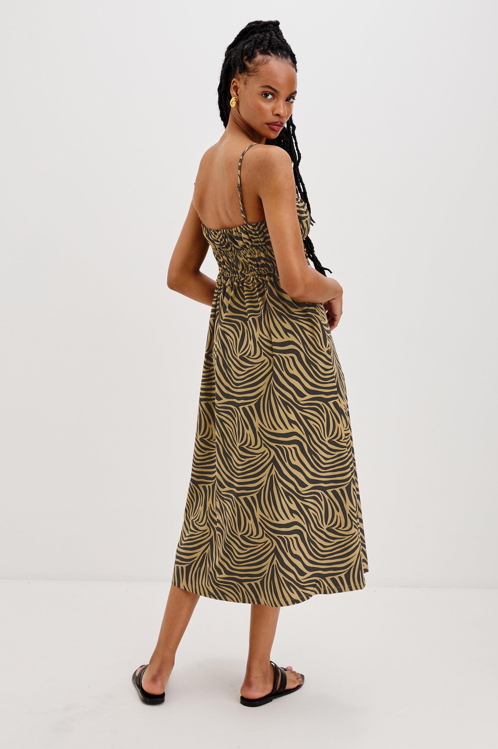Breeze Midi Tank Dress with Spaghetti Straps, Gathered Waist Details in Gold and Black Cayman Colorway. Full Body Back View Shown on Model.