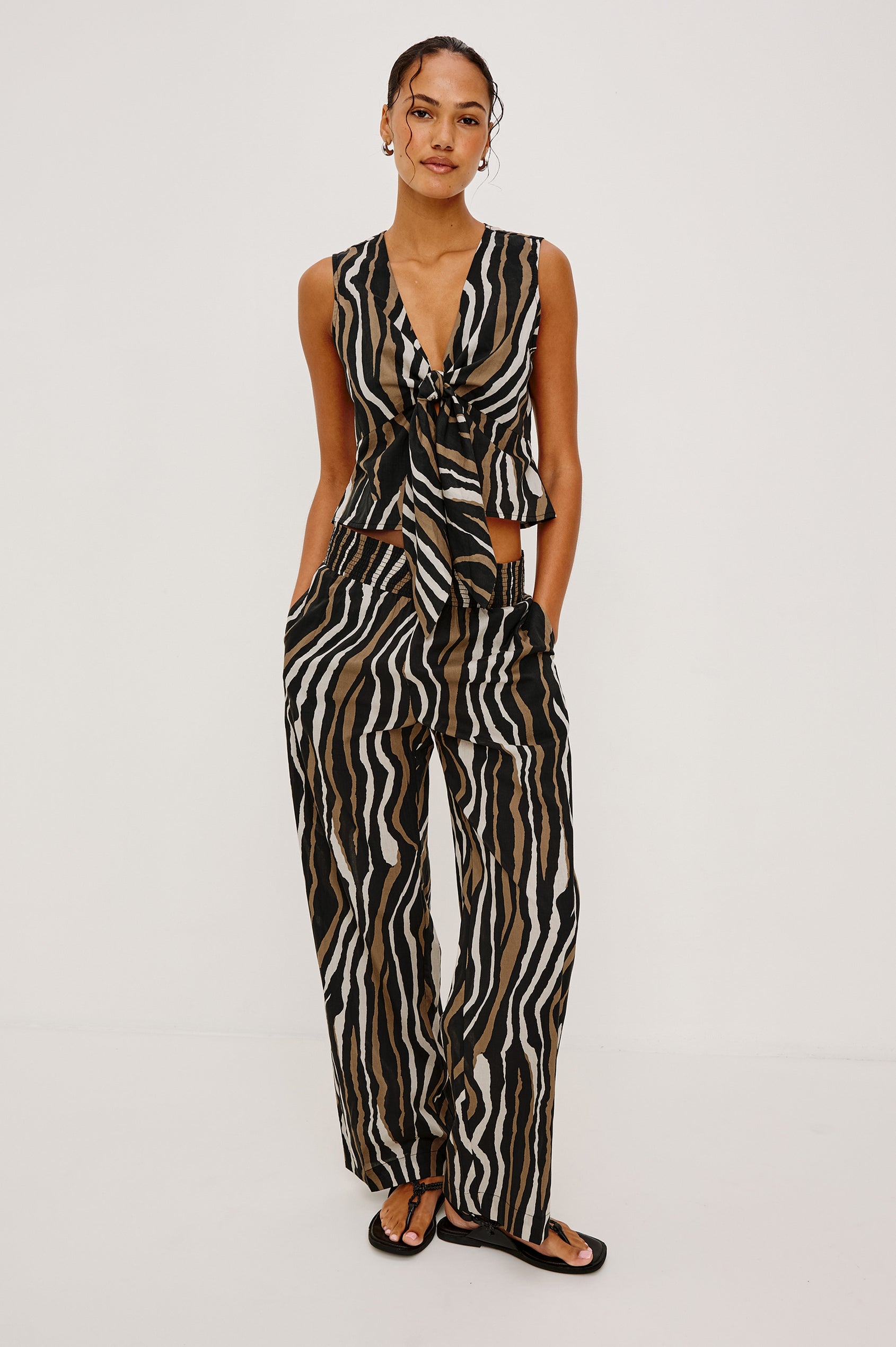 Brendon high-rise Pant with Elastic Waist in Selva Colorway, a Cream and Olive Tiger Stripe - Front Full Body View Featured on Model