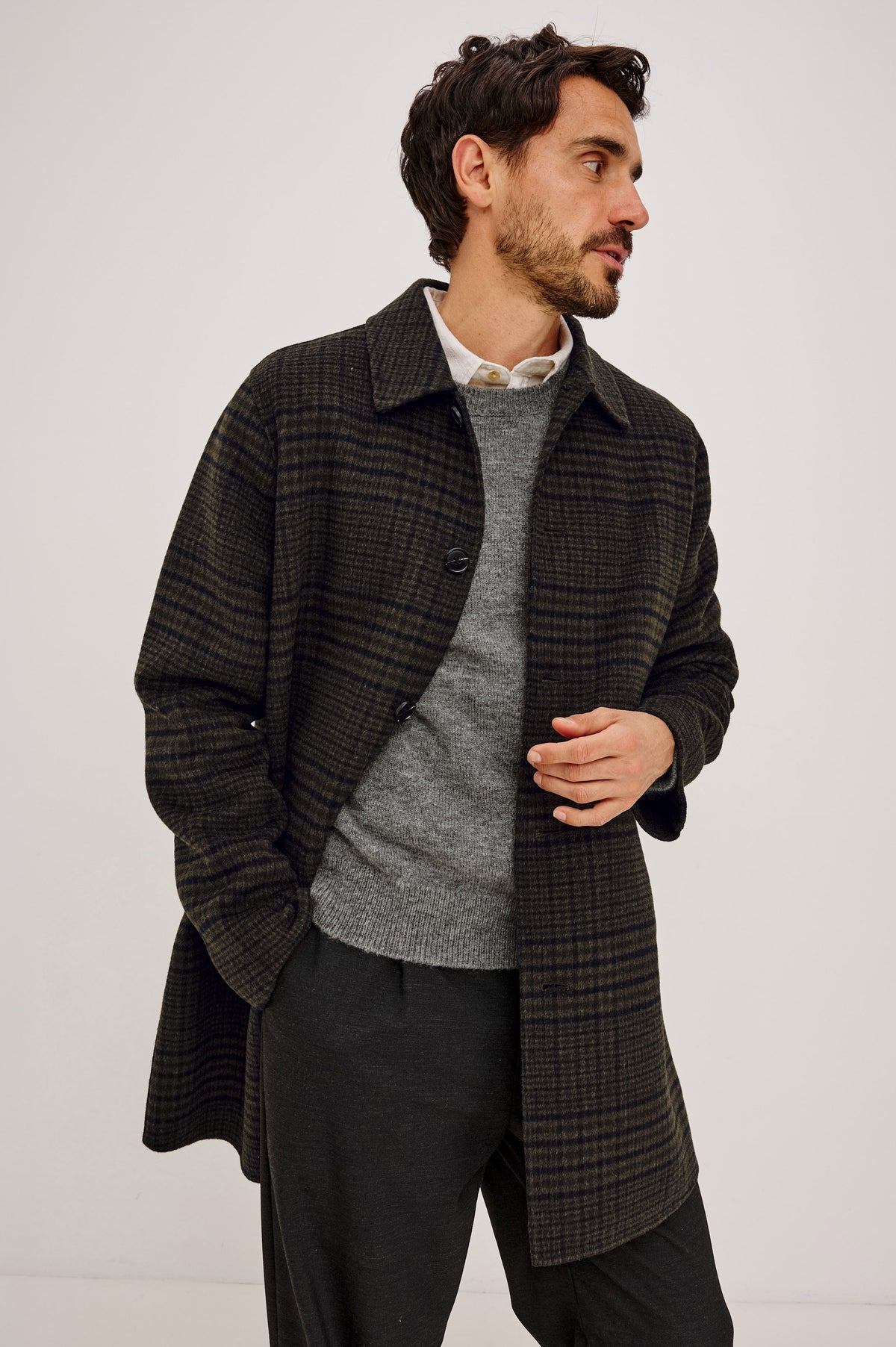 Breton Jacket in Wool Blend With Button Front, Point Collar, Long Sleeves, and Topcoat Silhouette in Highland Plaid Colorway -