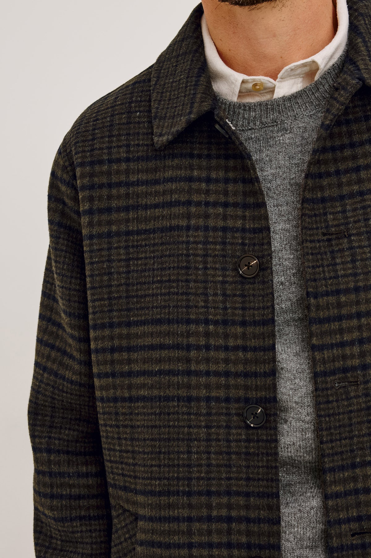 Breton Jacket in Wool Blend With Button Front, Point Collar, Long Sleeves, and Topcoat Silhouette in Highland Plaid Colorway -