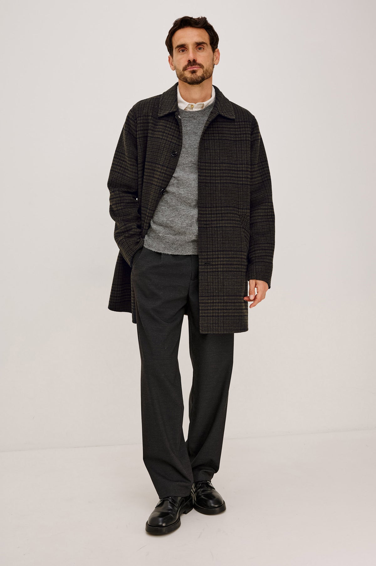 Breton Jacket in Wool Blend With Button Front, Point Collar, Long Sleeves, and Topcoat Silhouette in Highland Plaid Colorway -