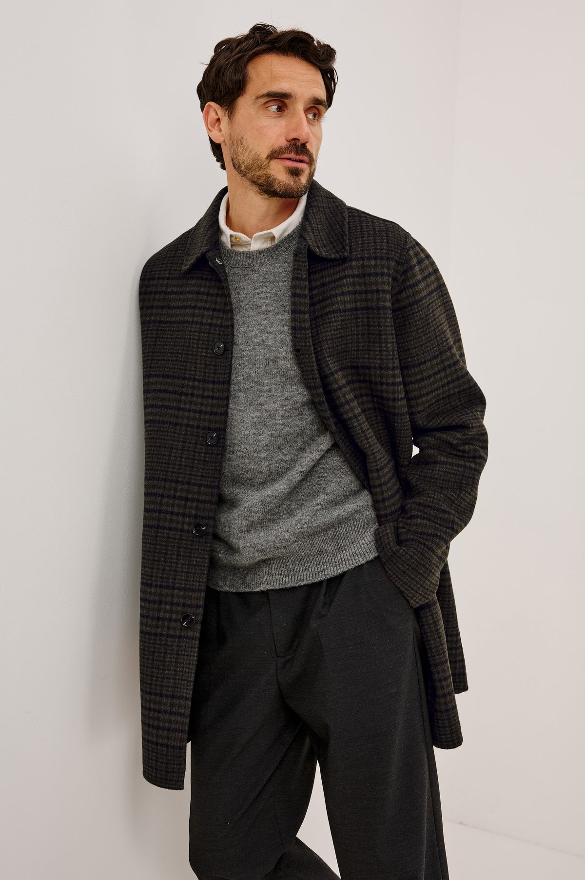 Breton Jacket in Wool Blend With Button Front, Point Collar, Long Sleeves, and Topcoat Silhouette in Highland Plaid Colorway -