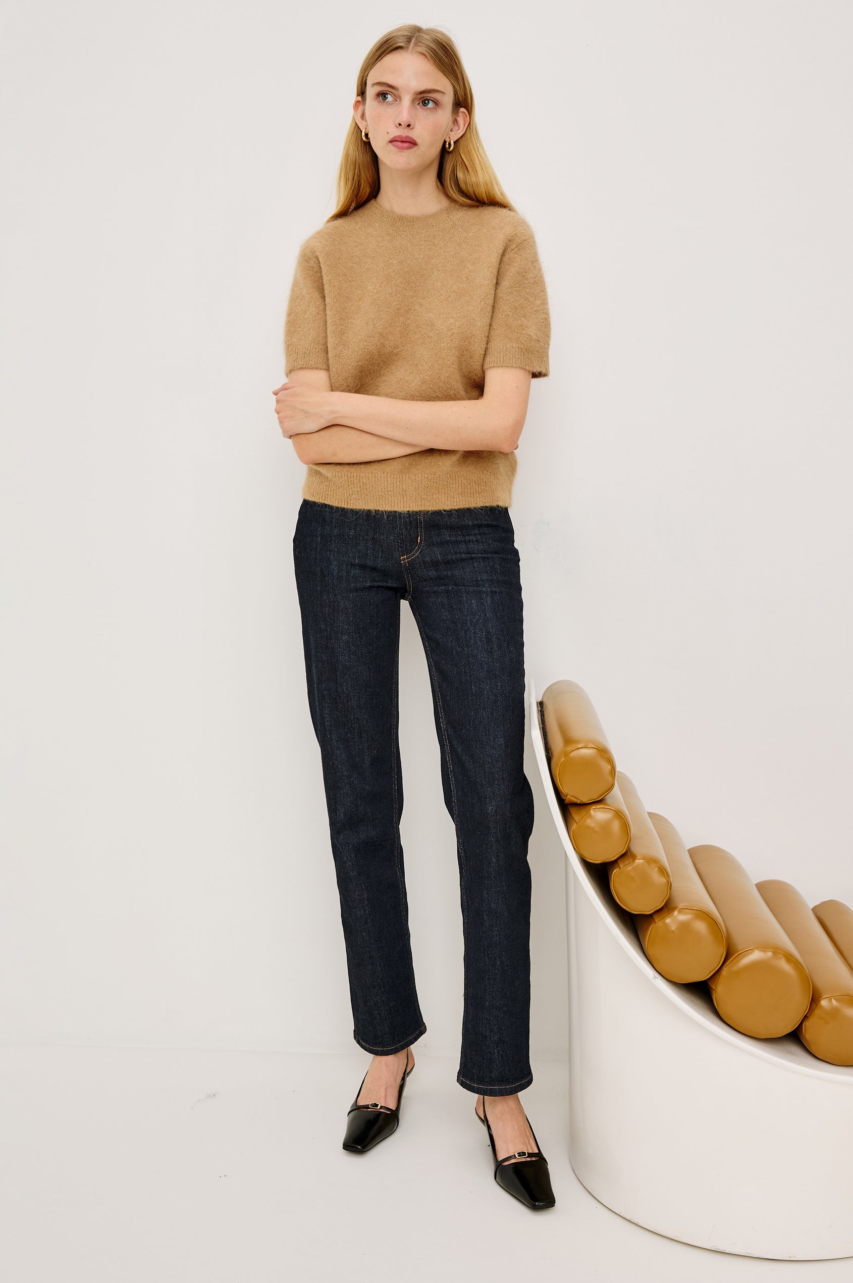 Briar Short-Sleeve Top with a Crew Neck and Ribbed Trim in Camel Colorway - Full Body Front View Featured on Model