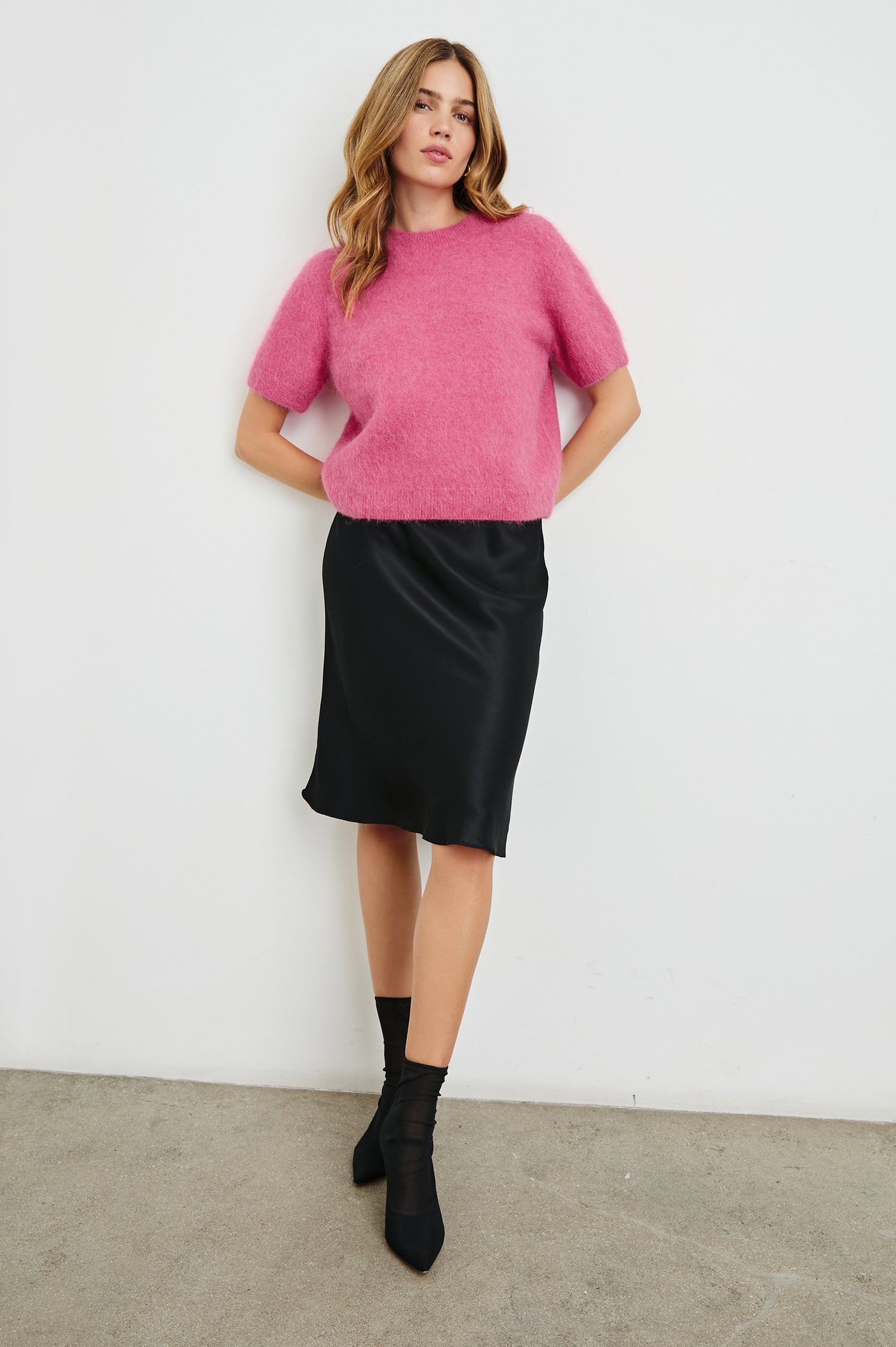 Briar Short-Sleeve Top with a Crew Neck and Ribbed Trim in Carmine Colorway - Front Full Body View Featured on Model