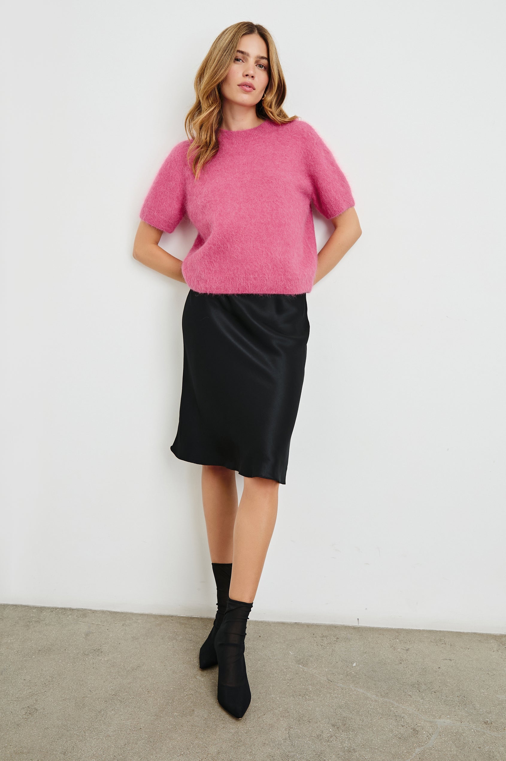 Briar Short-Sleeve Top with a Crew Neck and Ribbed Trim in Carmine Colorway - Front Full Body View Featured on Model